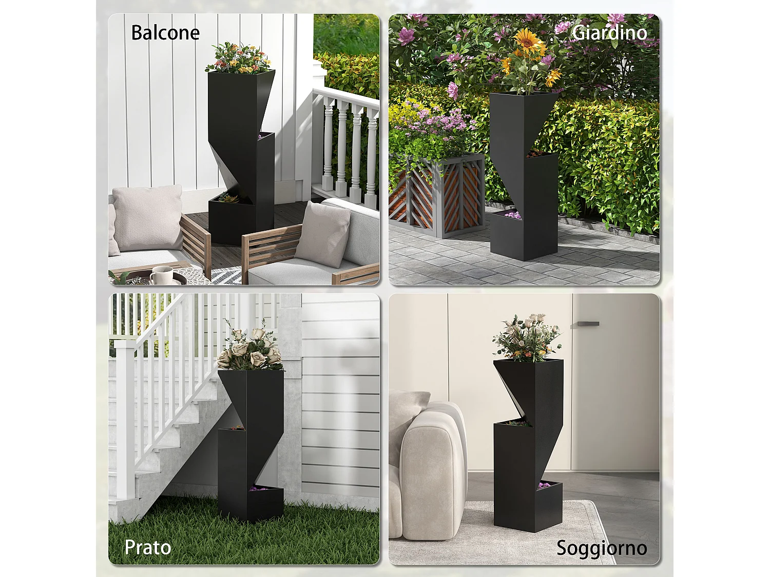 Vaso fioriera da esterno in metallo nero con 3 aree di coltivazione