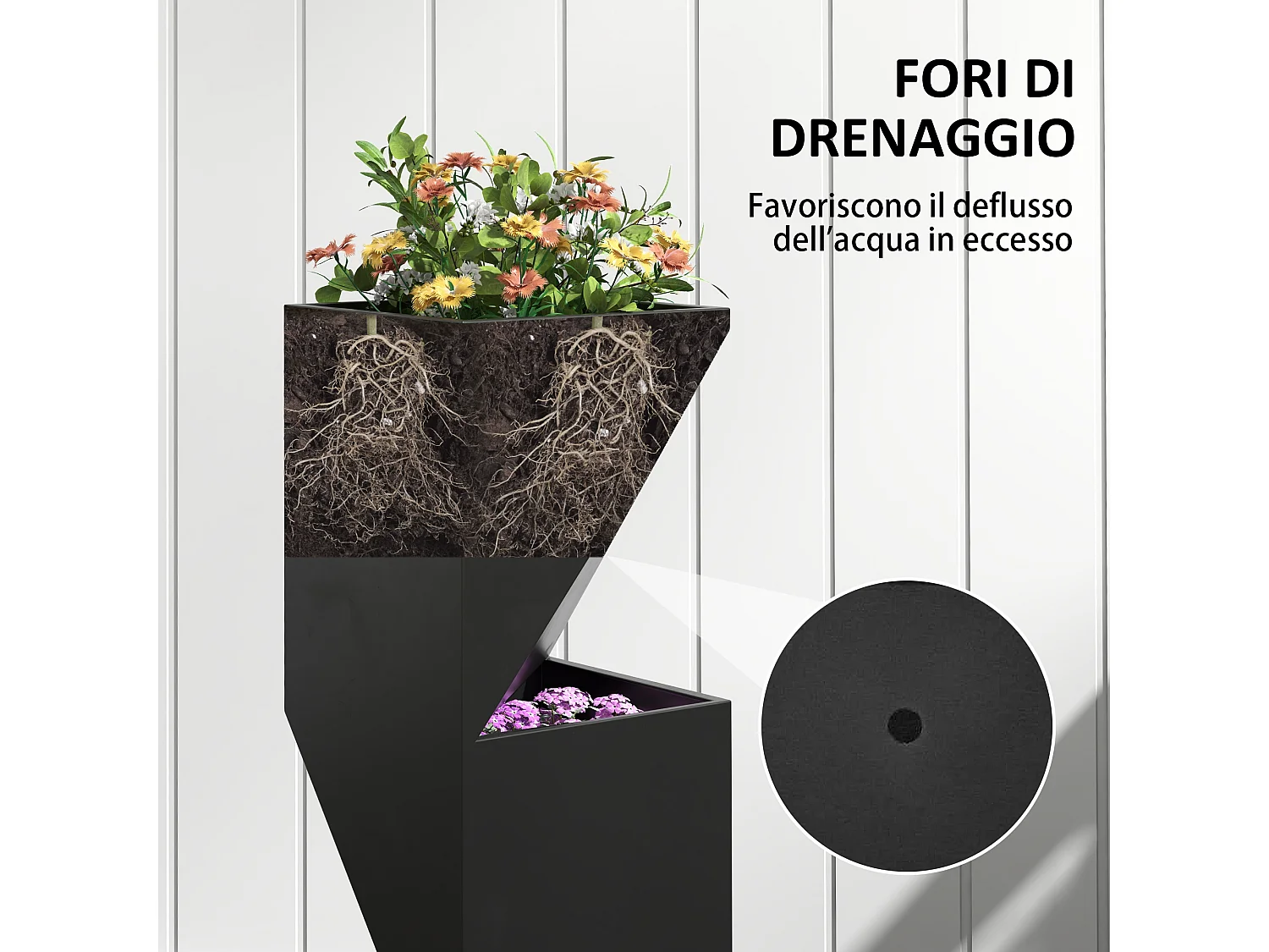 Vaso fioriera da esterno in metallo nero con 3 aree di coltivazione