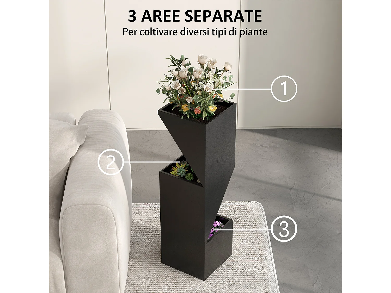 Vaso fioriera da esterno in metallo nero con 3 aree di coltivazione