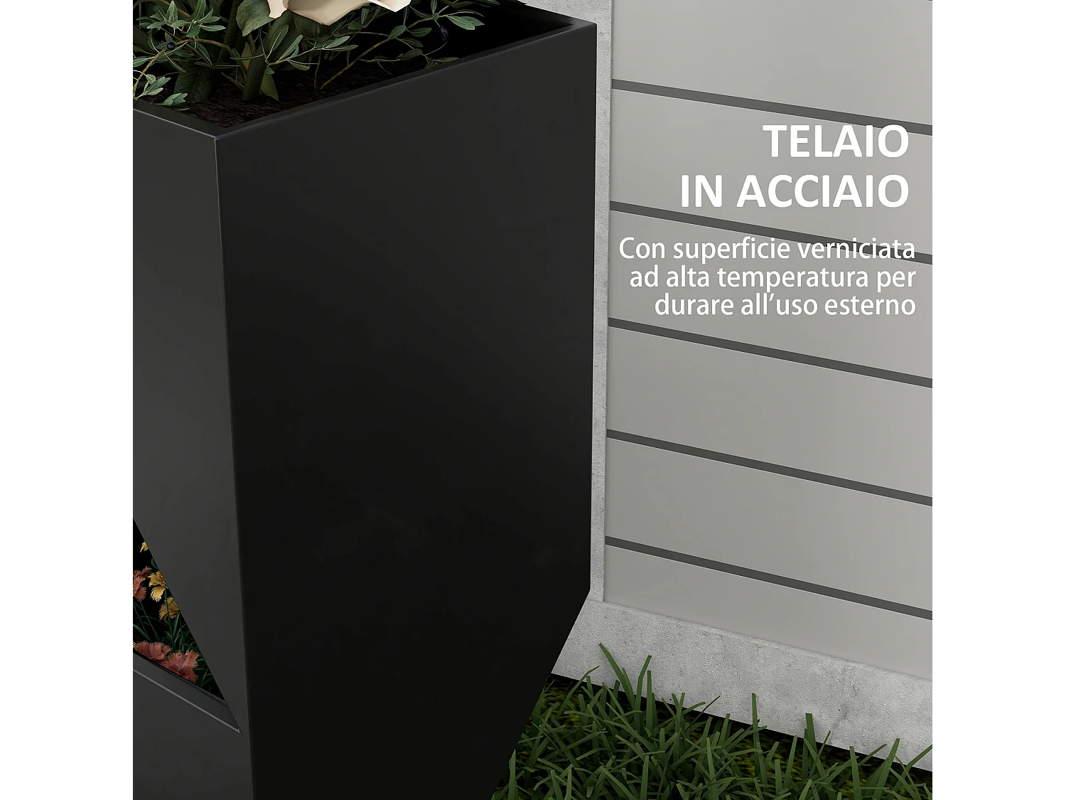 Vaso fioriera da esterno in metallo nero con 3 aree di coltivazione