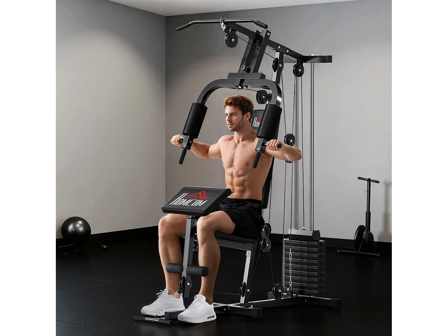 Stazione fitness in acciaio e pu con seduta e schienale imbottiti nero