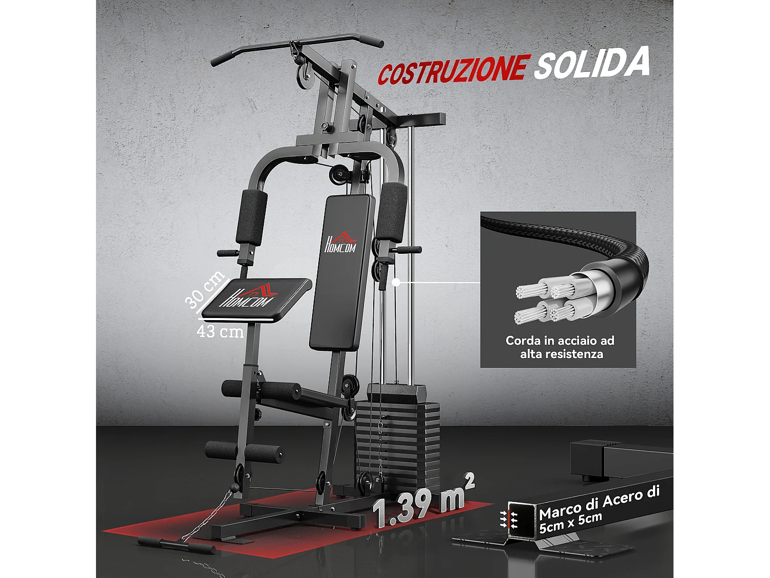 Stazione fitness in acciaio e pu con seduta e schienale imbottiti nero