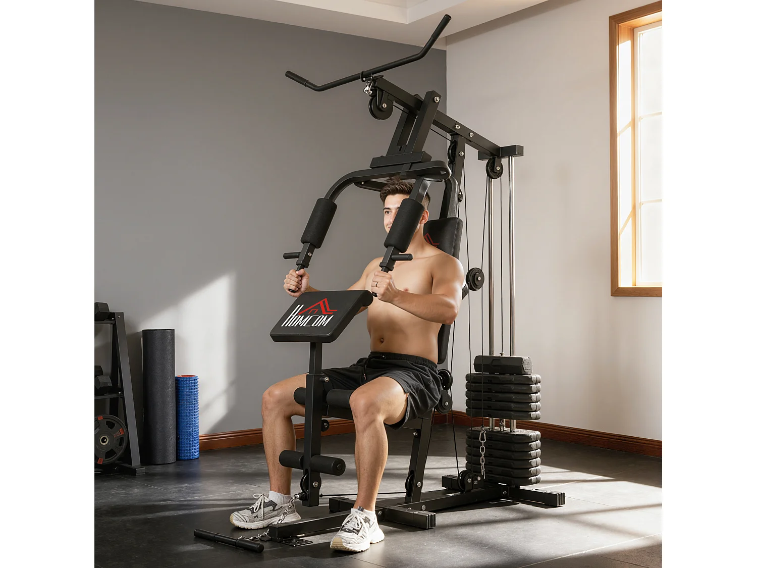 Stazione fitness in acciaio e pu con seduta e schienale imbottiti nero