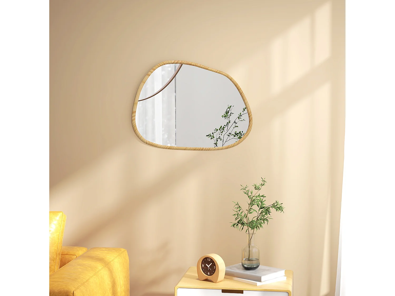 Specchio da parete moderno con bordi irregolari 70x50cm colore legno