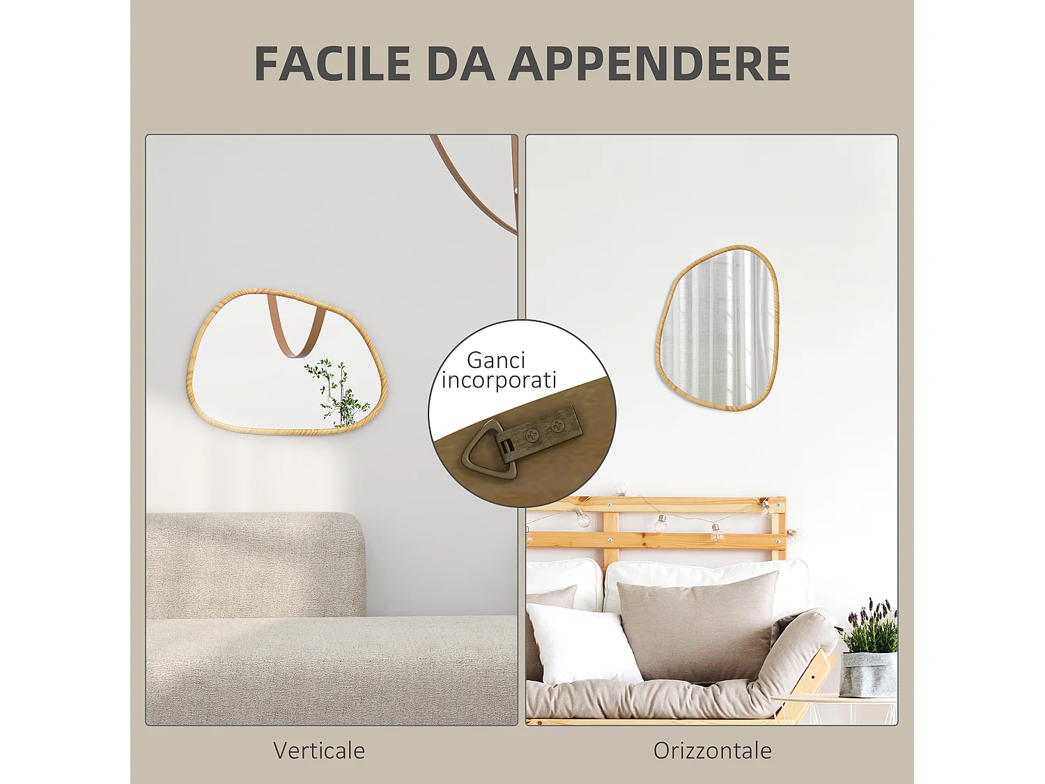 Specchio da parete moderno con bordi irregolari 70x50cm colore legno