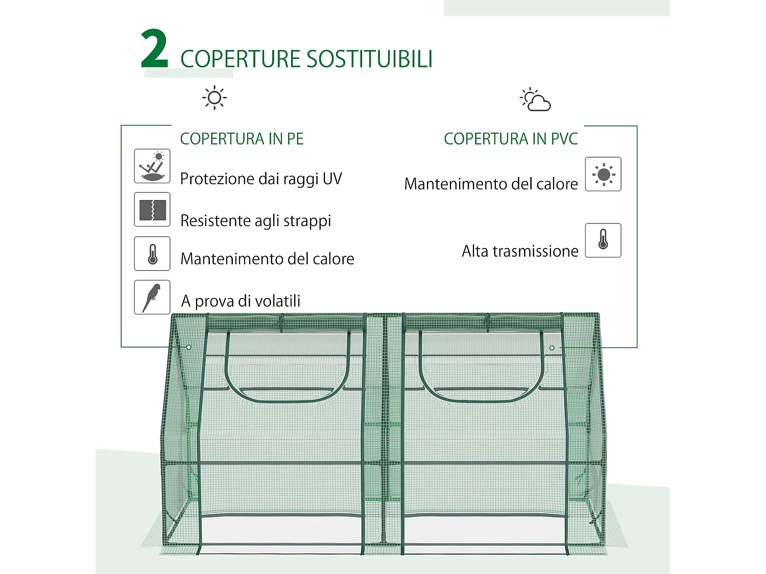 Serra da giardino con 2 coperture in pe e 4 finestre avvolgibili