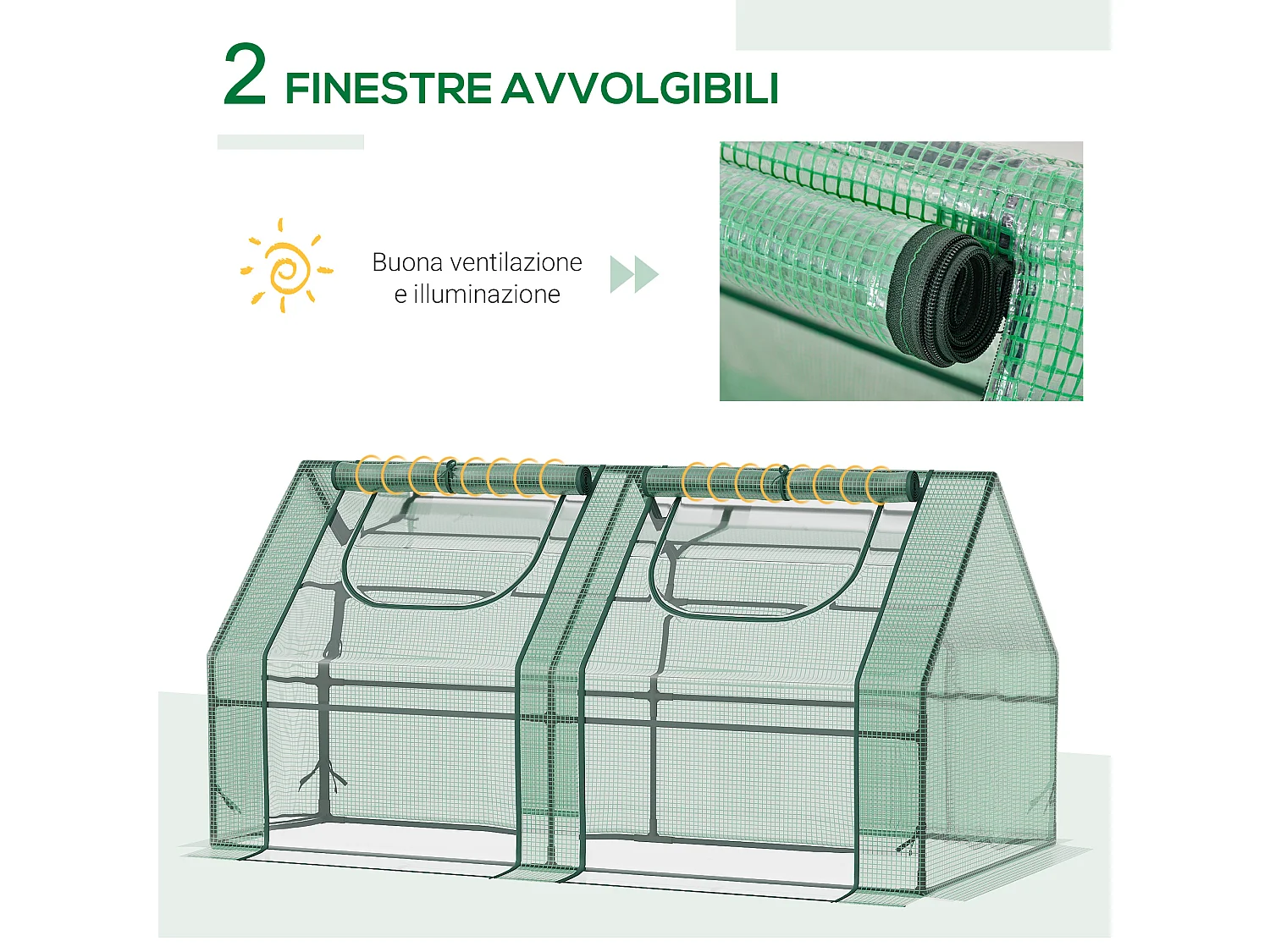 Serra da giardino con 2 coperture in pe e 4 finestre avvolgibili