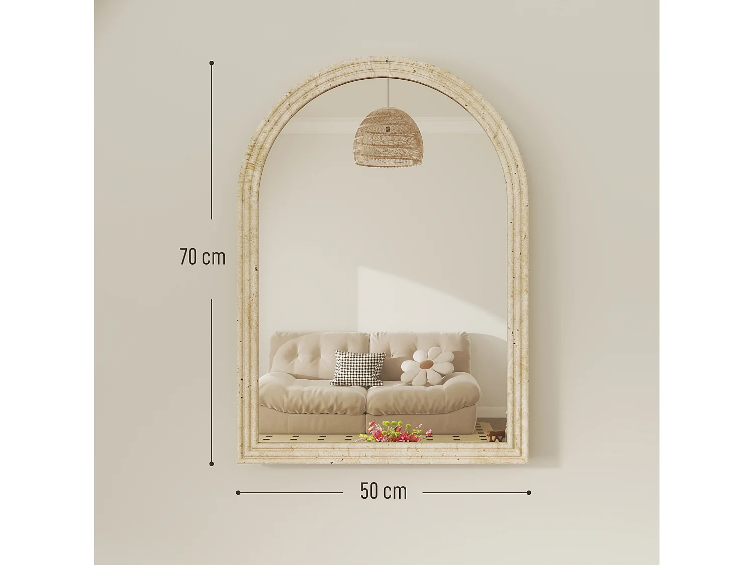 Specchio da parete ad arco con bordo scanalato 50x2x70 cm beige