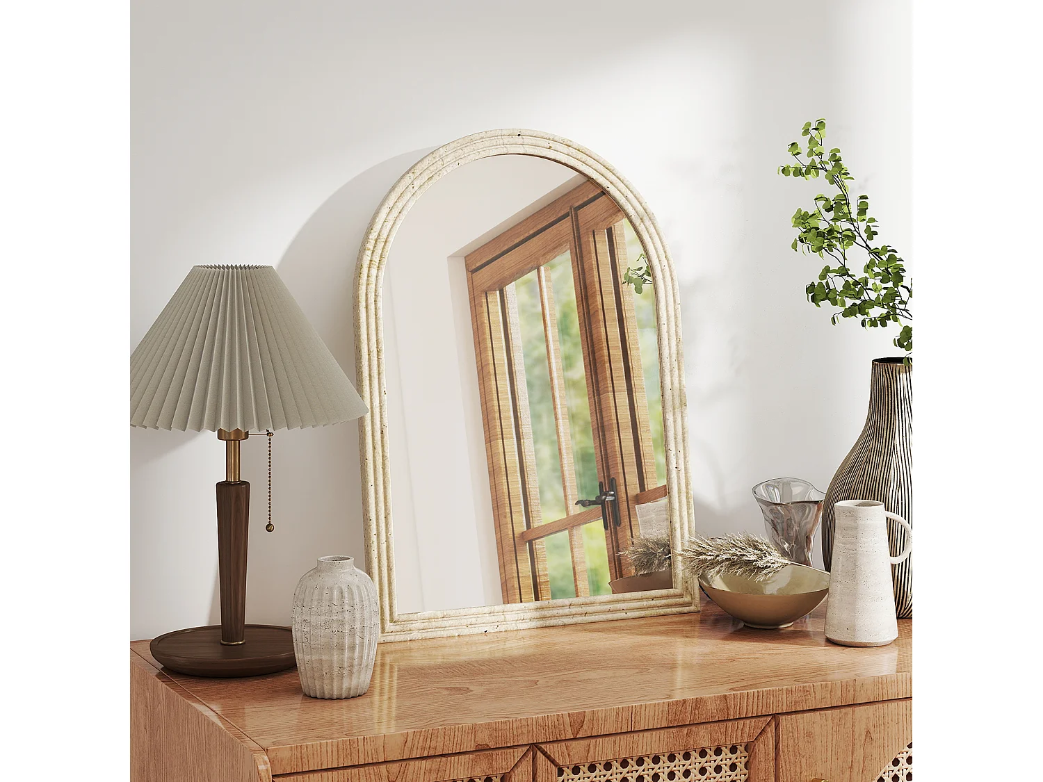 Specchio da parete ad arco con bordo scanalato 50x2x70 cm beige