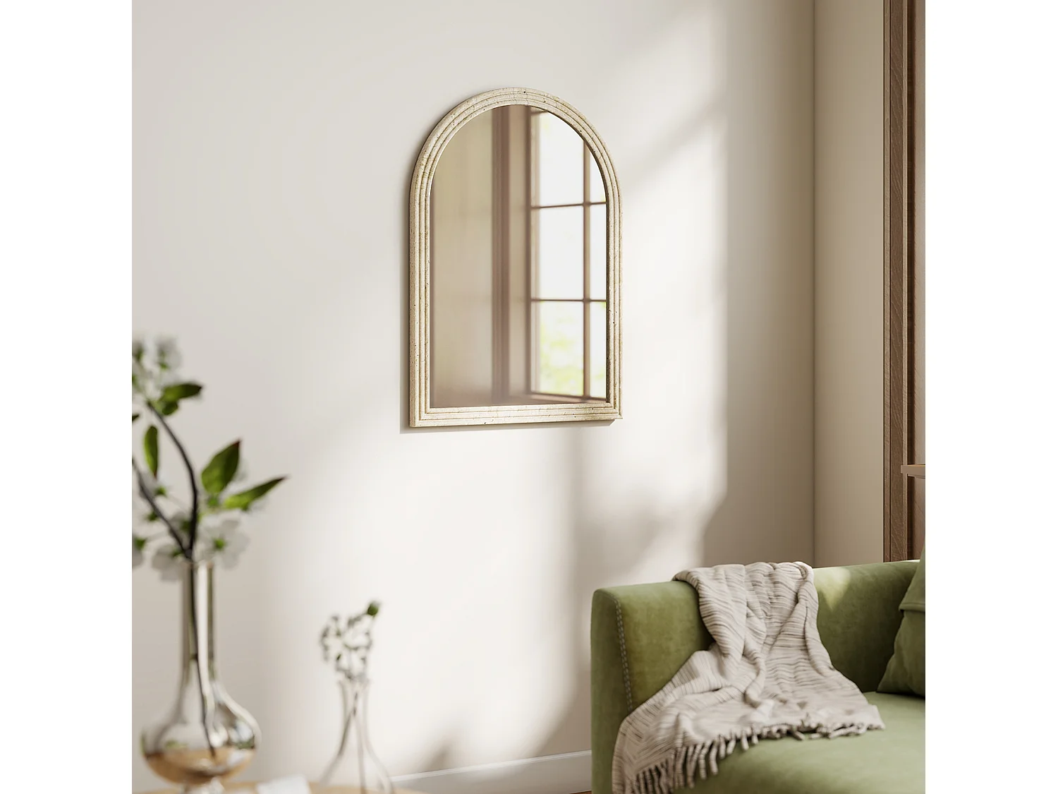 Specchio da parete ad arco con bordo scanalato 50x2x70 cm beige