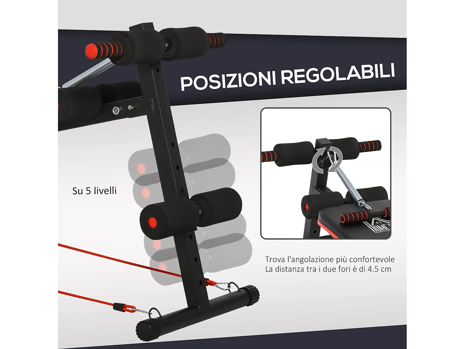 Panca per addominali pieghevole regolabile con imbottitura nera rossa