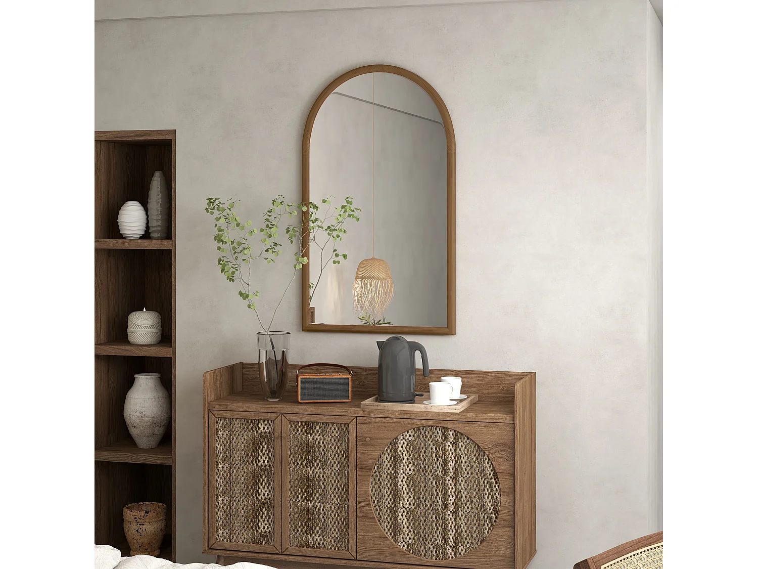 Specchio da parete ad arco con cornice in legno marrone scuro