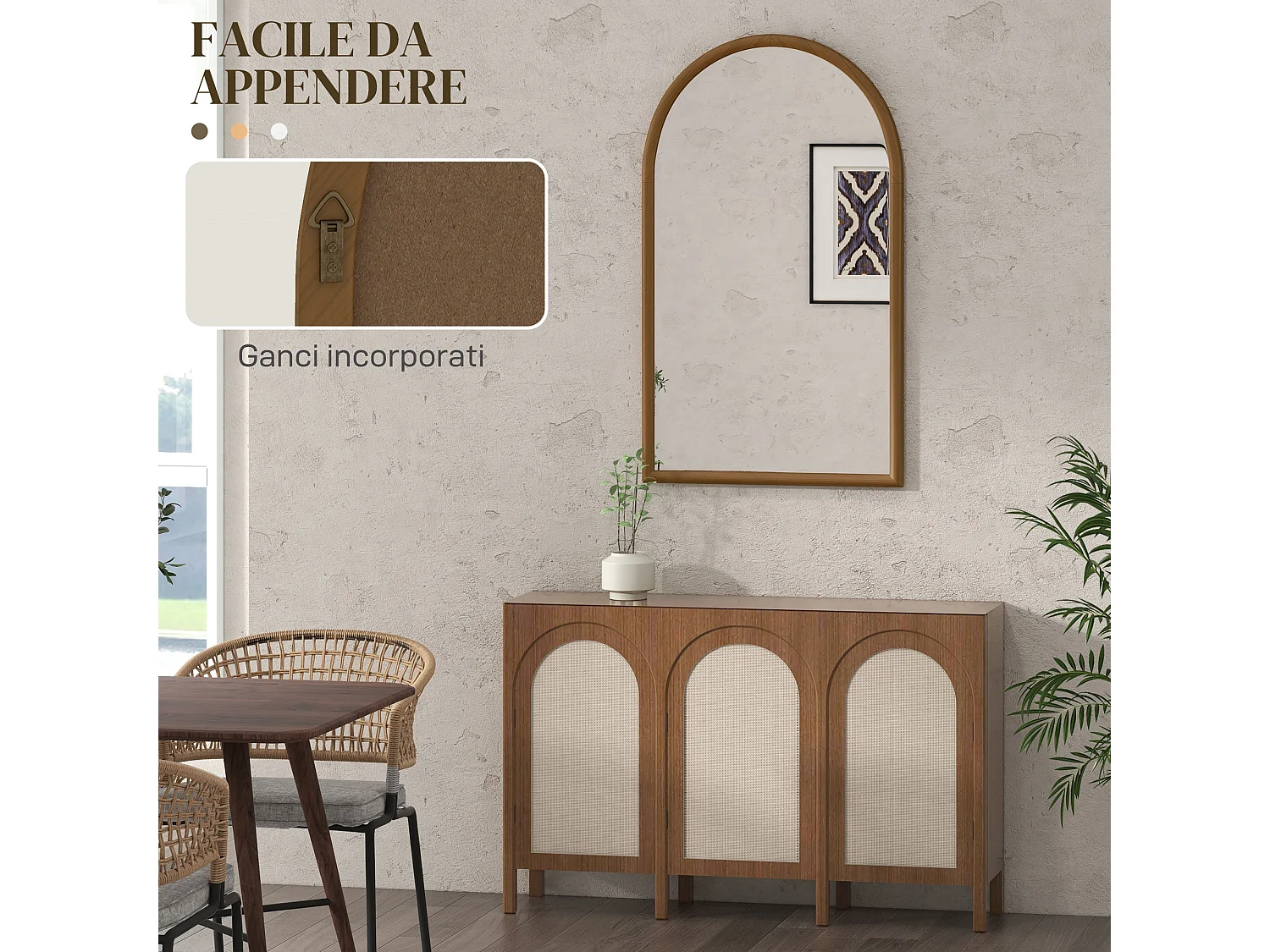 Specchio da parete ad arco con cornice in legno marrone scuro
