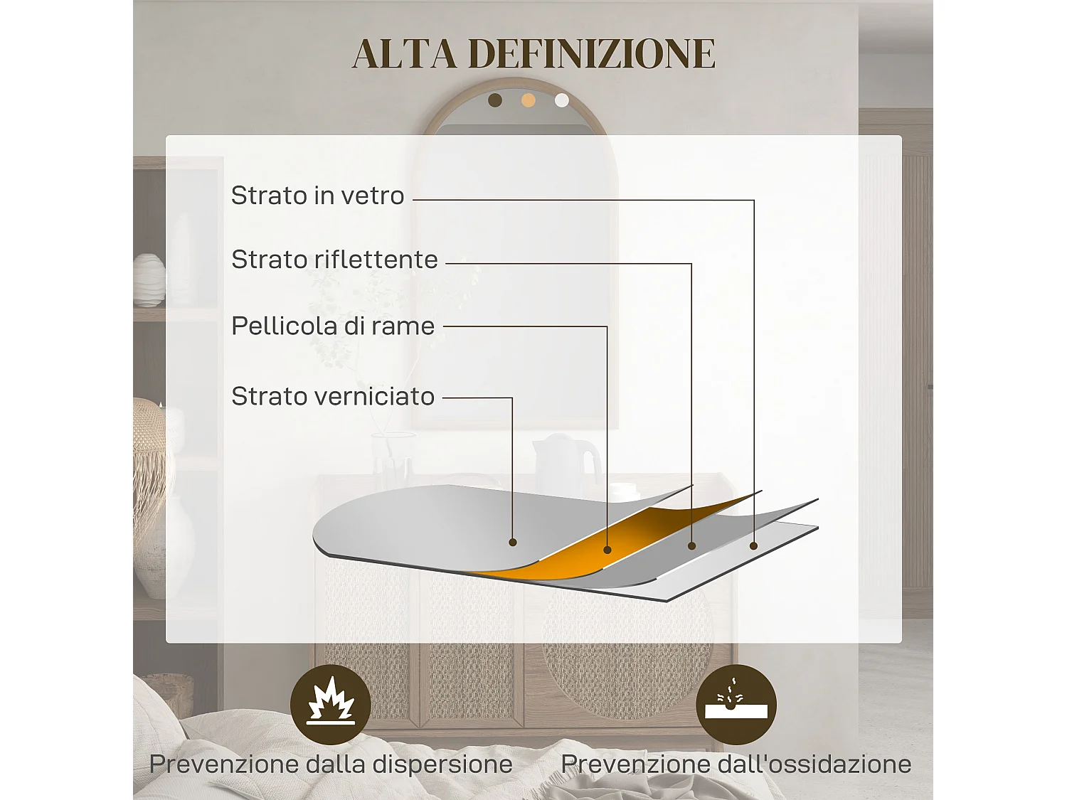 Specchio da parete ad arco con cornice in legno marrone scuro