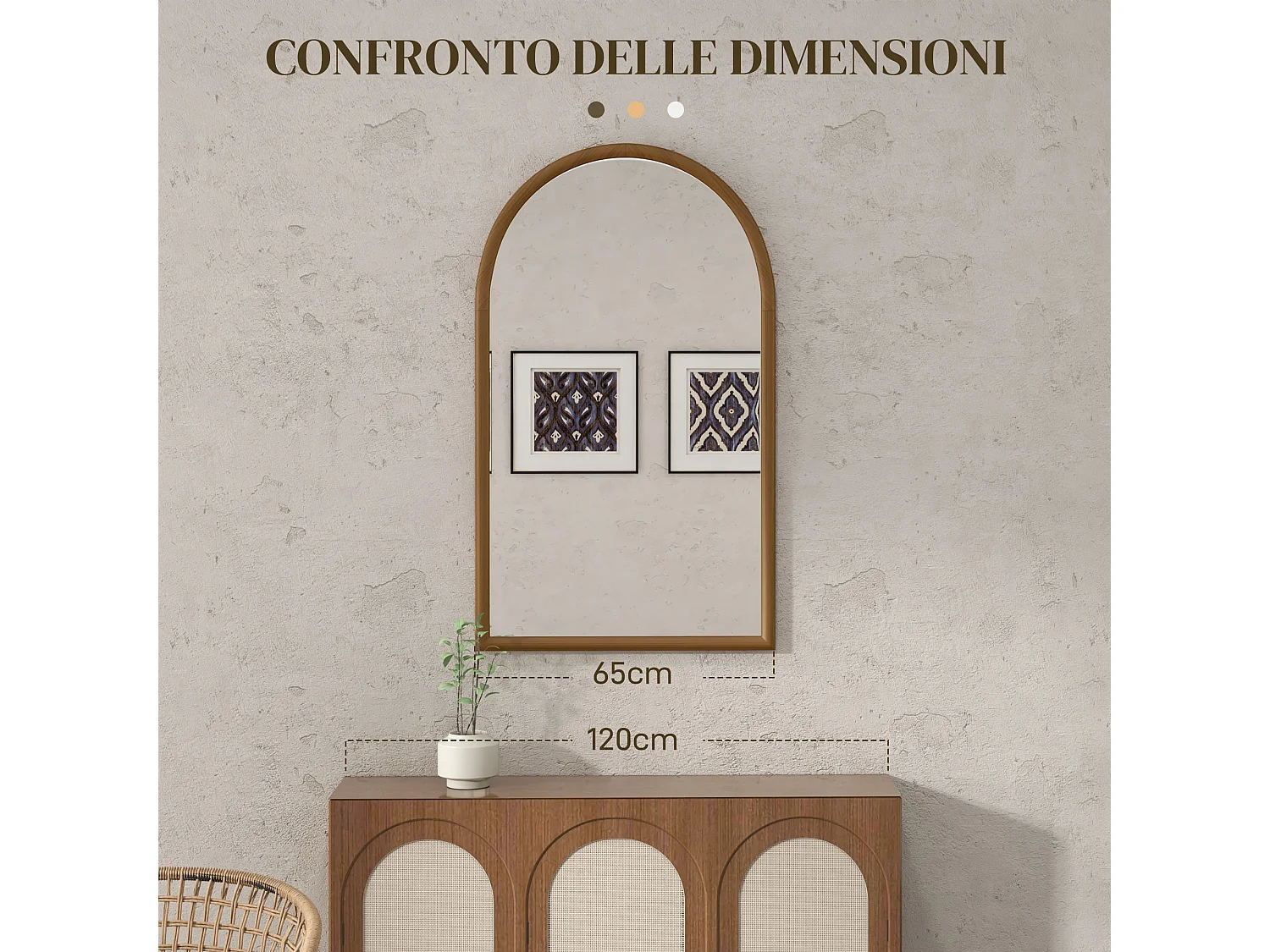 Specchio da parete ad arco con cornice in legno marrone scuro