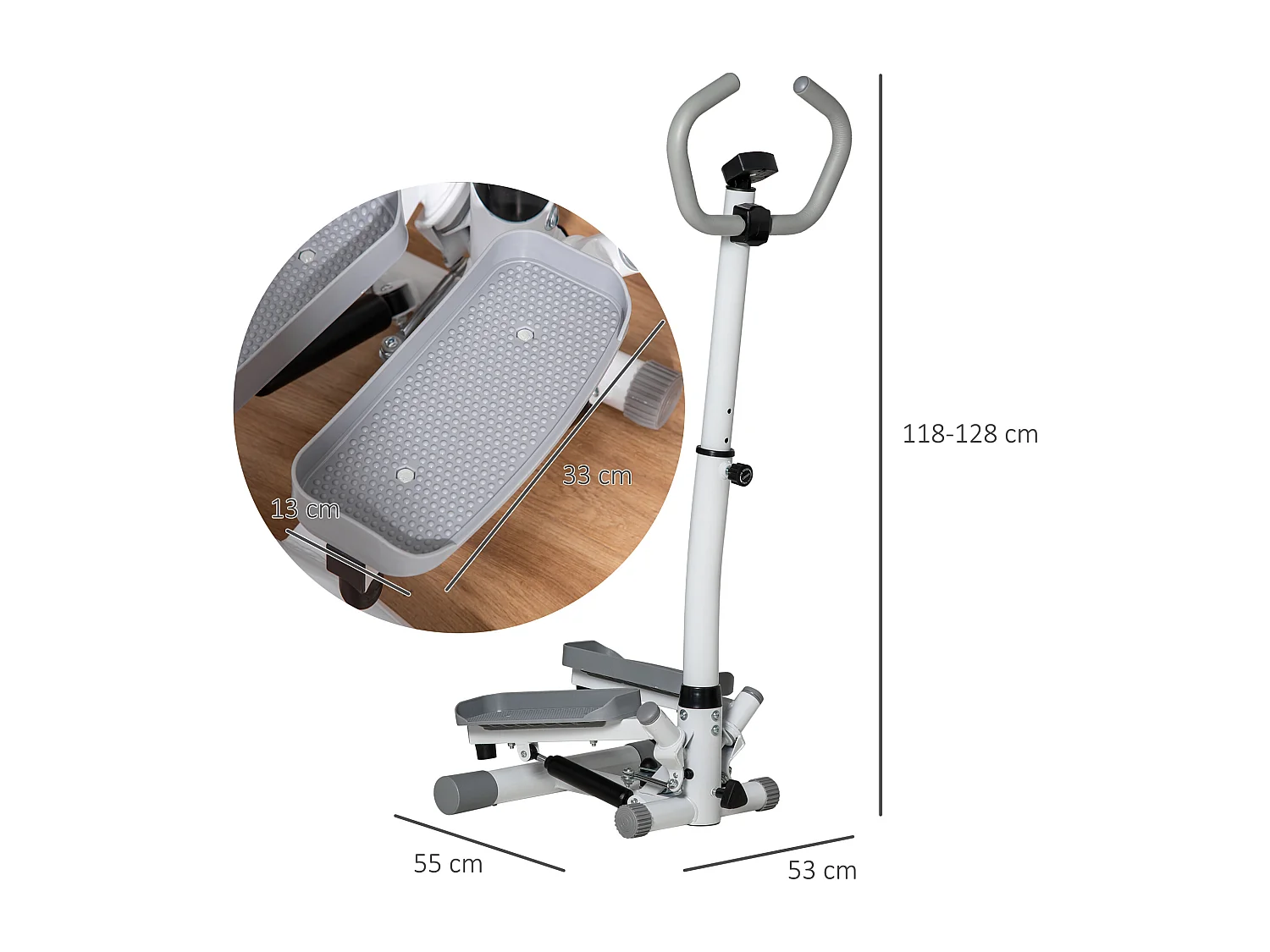 Stepper con monitor lcd, manubrio regolabile ed elastici bianco grigio