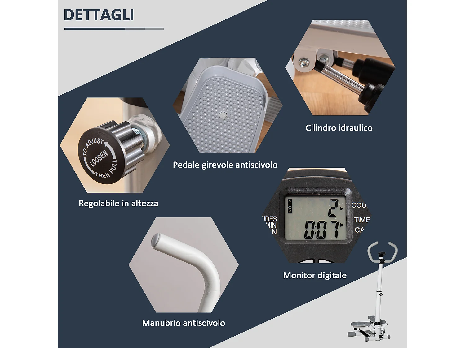 Stepper con monitor lcd, manubrio regolabile ed elastici bianco grigio