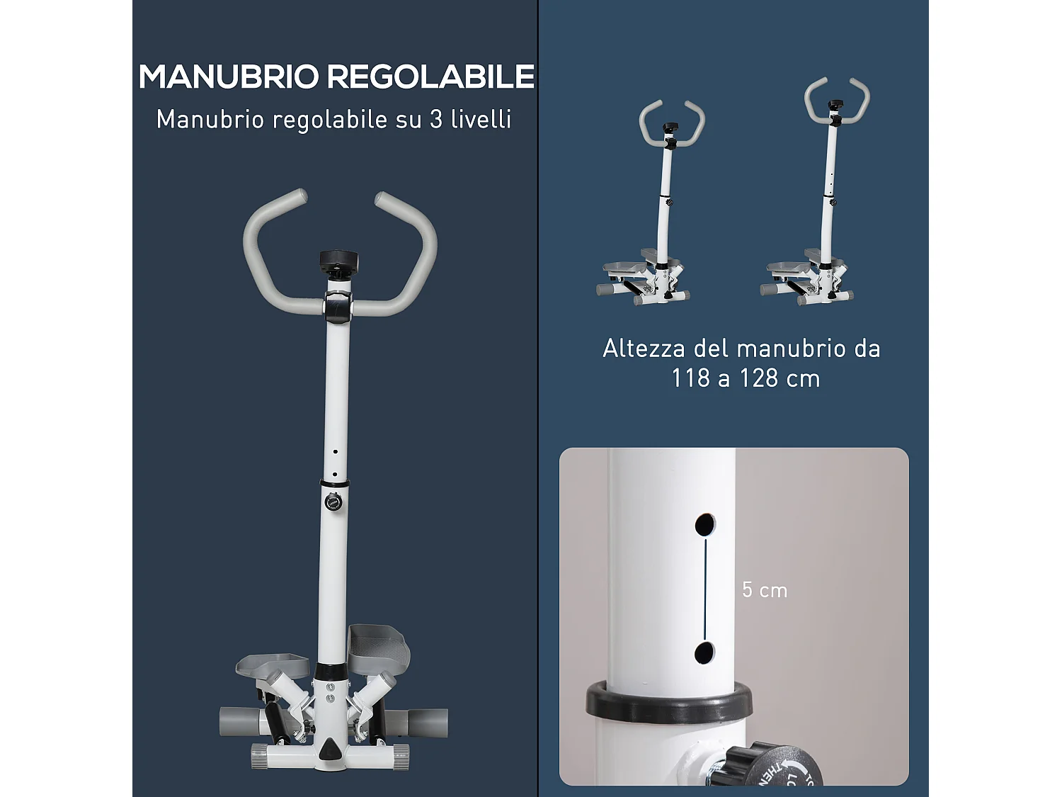 Stepper con monitor lcd, manubrio regolabile ed elastici bianco grigio