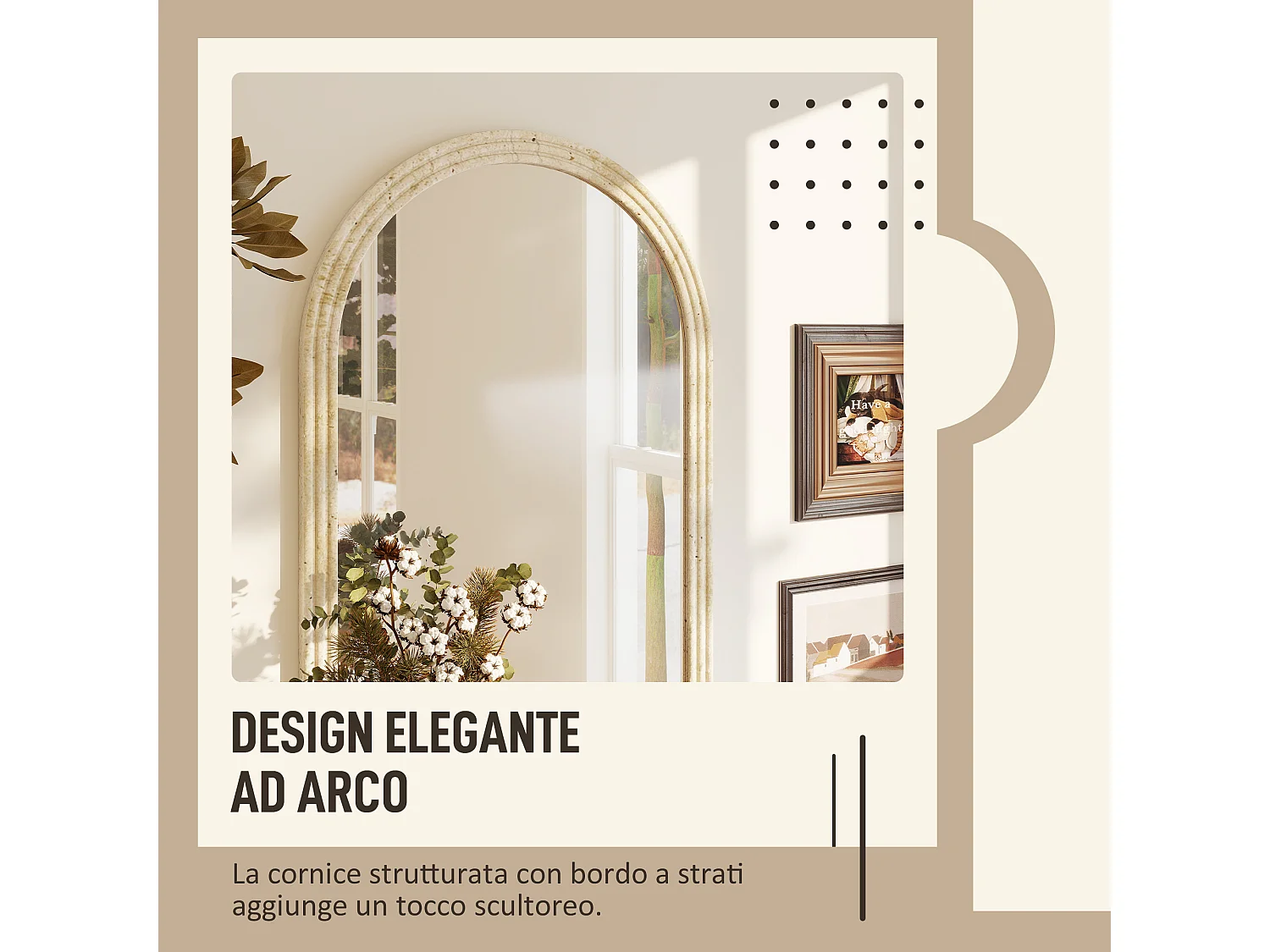 Specchio da parete ad arco con bordo scanalato60x2x90 cm beige