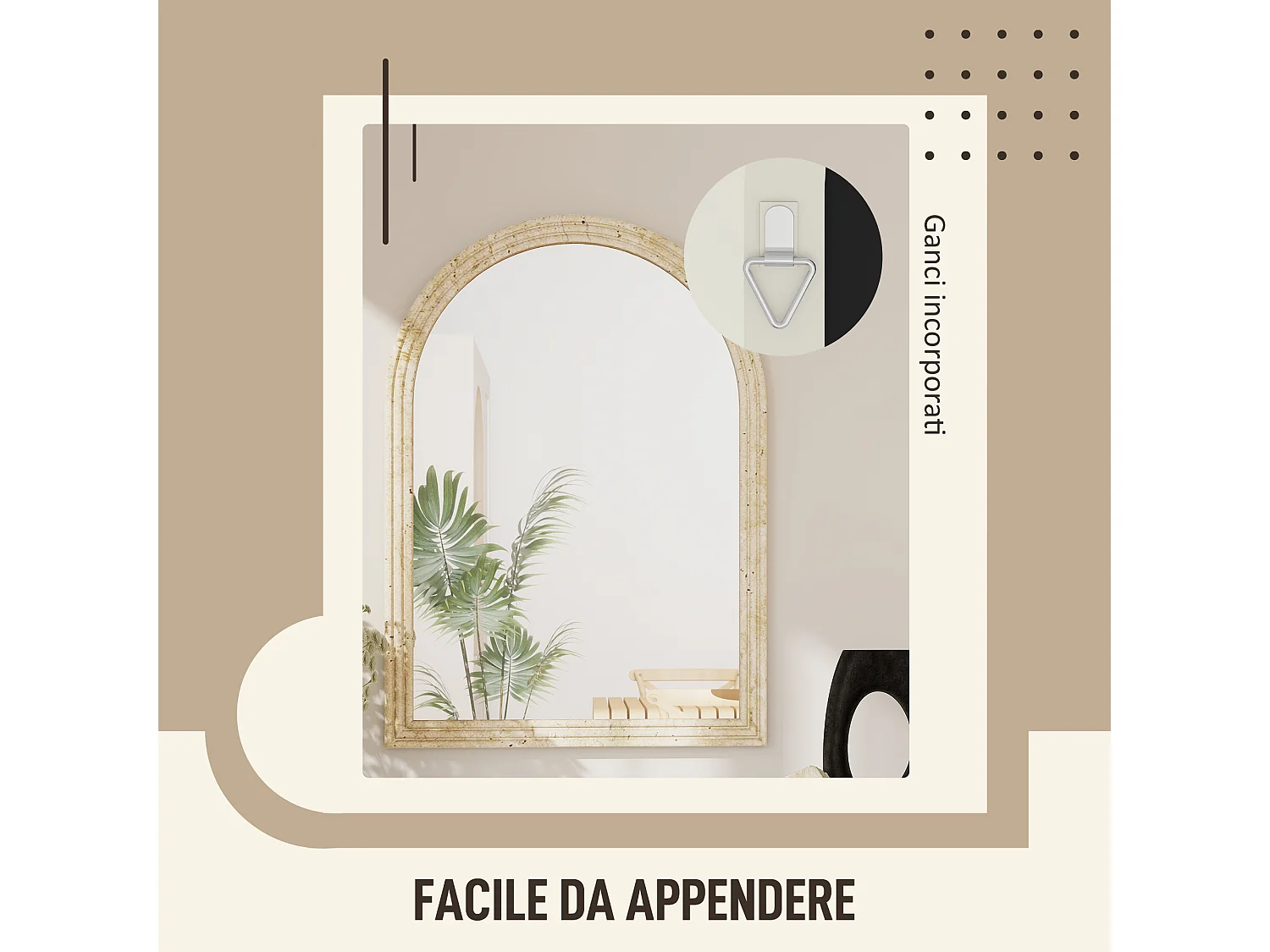 Specchio da parete ad arco con bordo scanalato60x2x90 cm beige