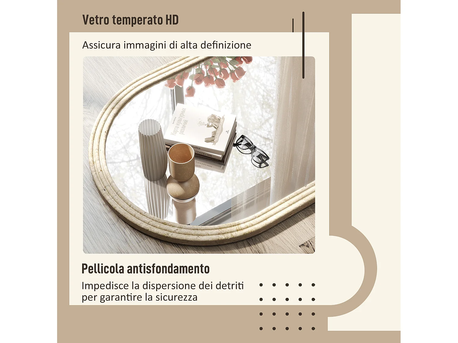 Specchio da parete ad arco con bordo scanalato60x2x90 cm beige