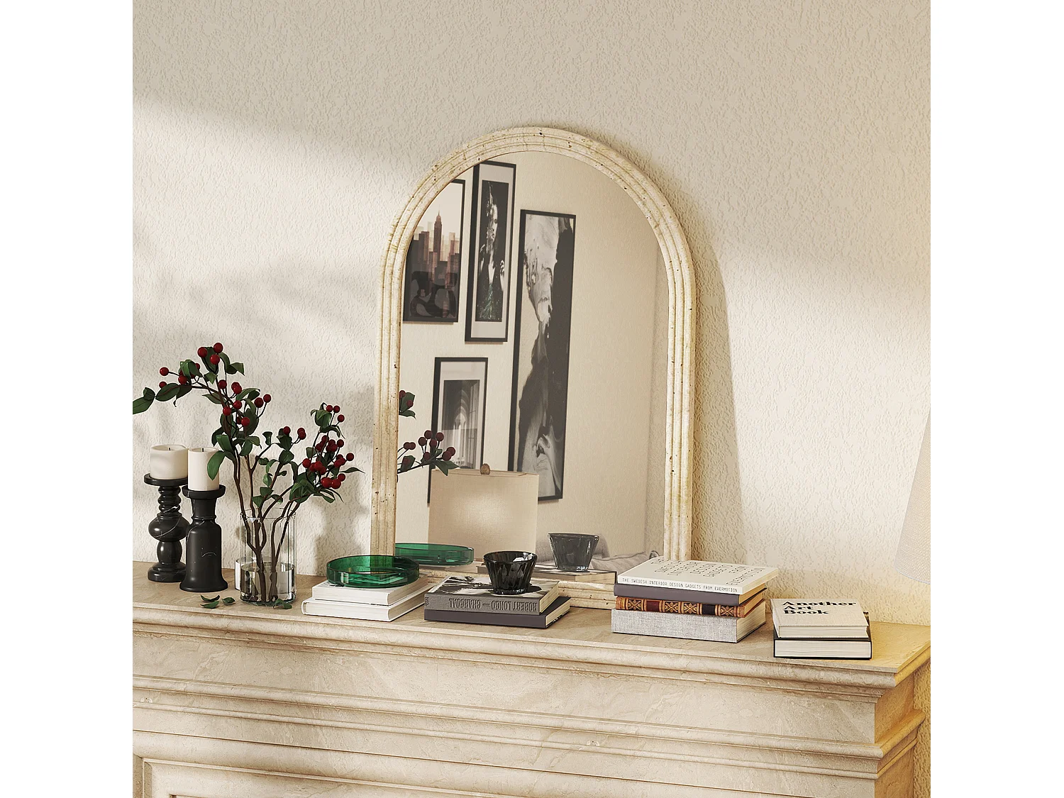 Specchio da parete ad arco con bordo scanalato60x2x90 cm beige