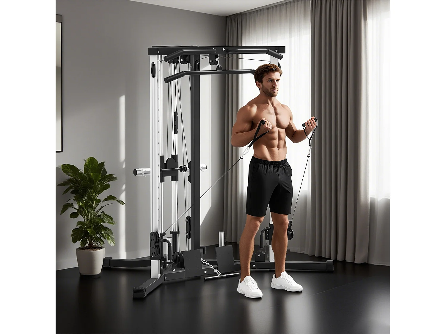 Stazione Fitness multifunzione con sbarra trazioni e bilanciere nero