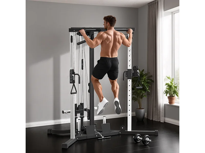 Stazione Fitness multifunzione con sbarra trazioni e bilanciere nero