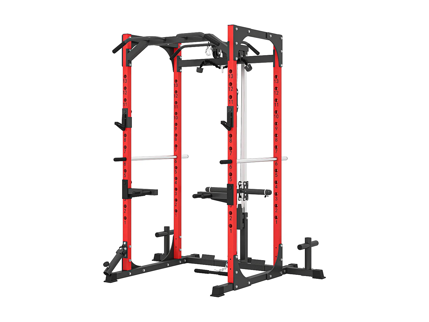 Stazione fitness con supporto per bilanciere e barra nero e rosso