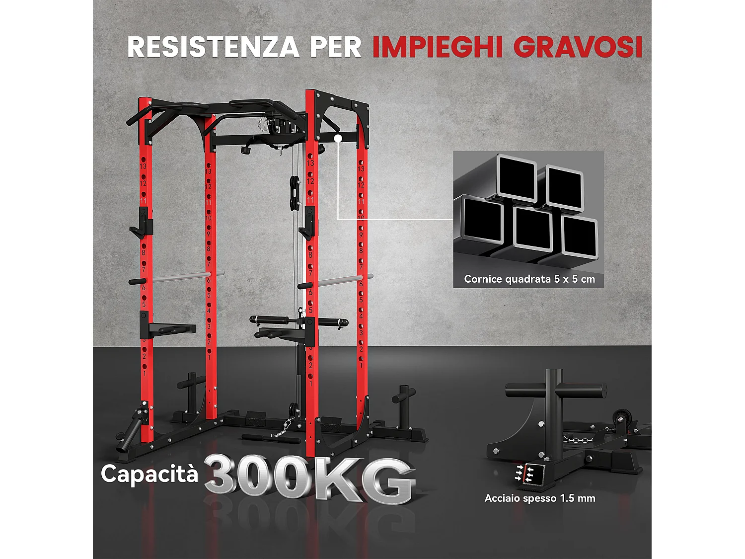 Stazione fitness con supporto per bilanciere e barra nero e rosso