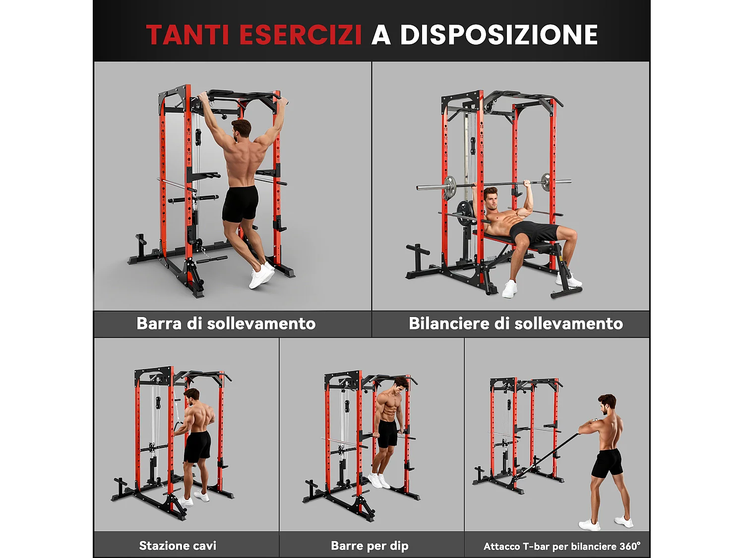 Stazione fitness con supporto per bilanciere e barra nero e rosso