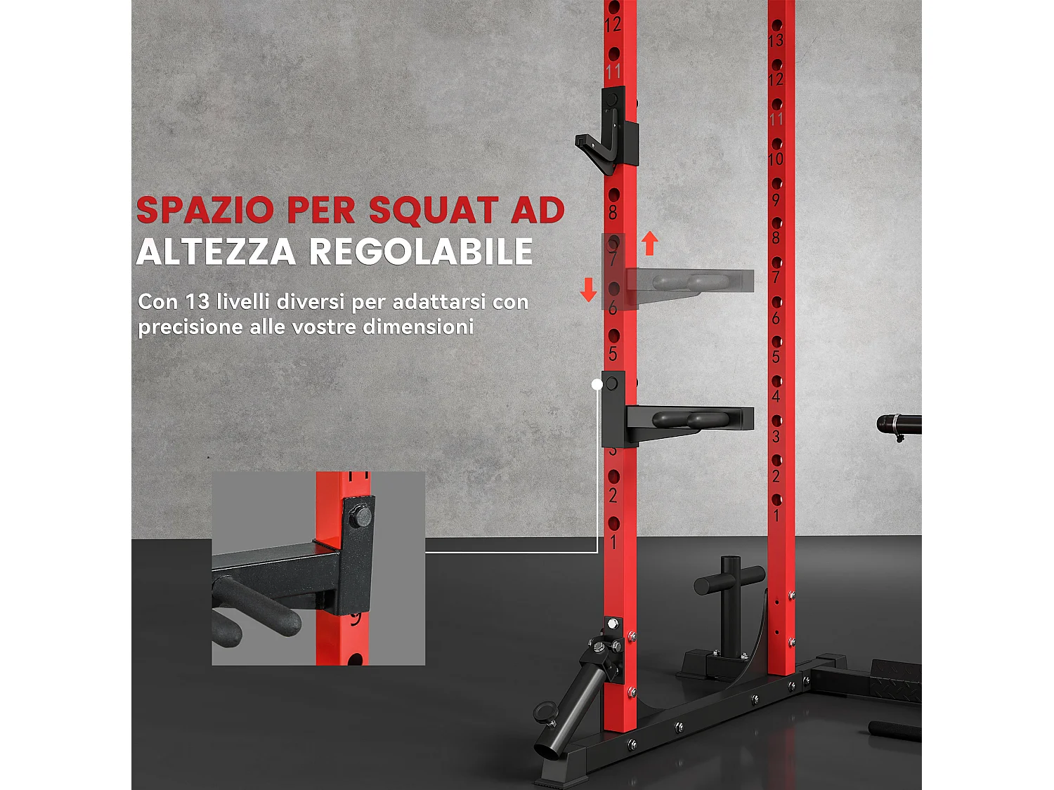 Stazione fitness con supporto per bilanciere e barra nero e rosso