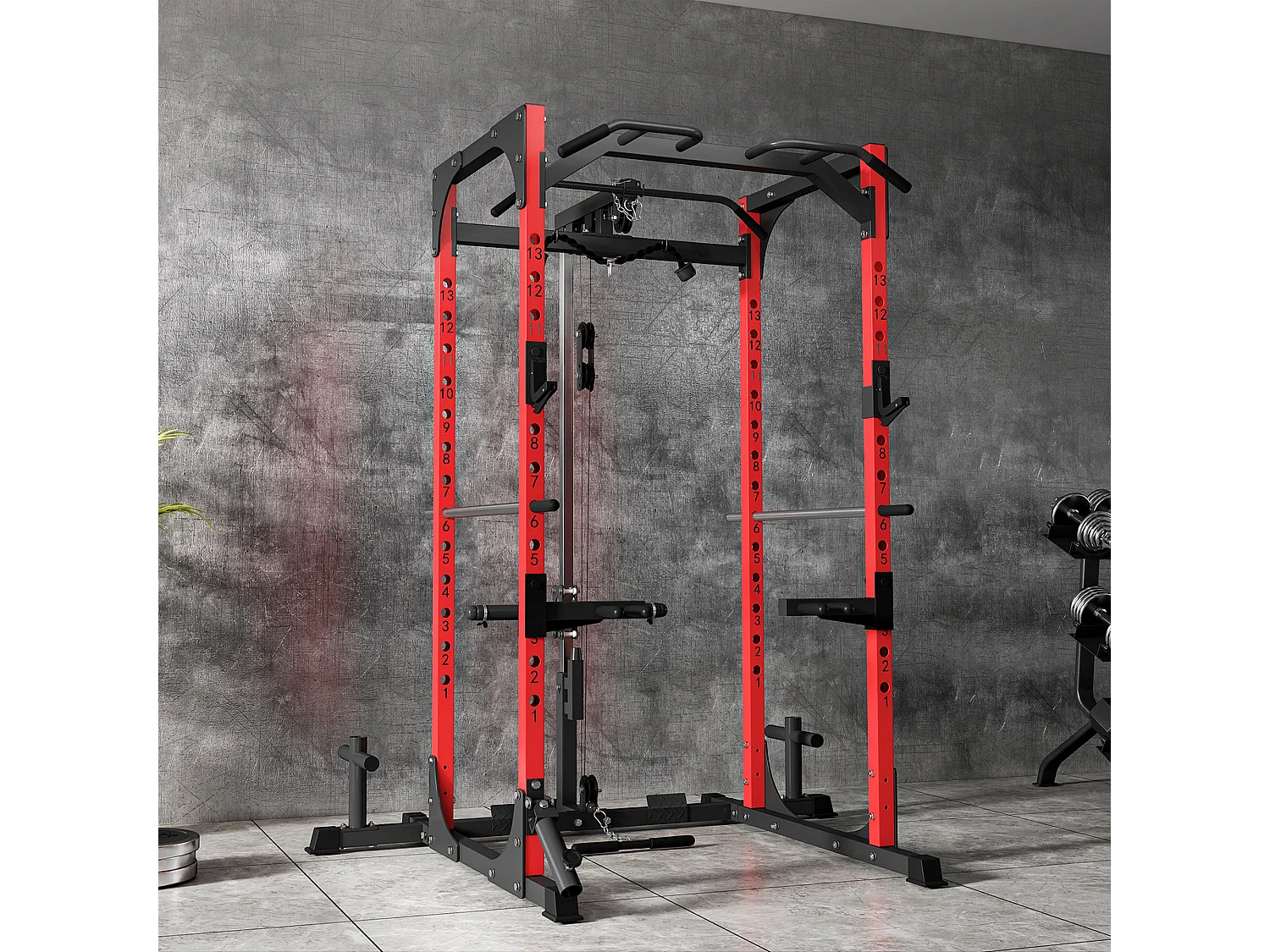 Stazione fitness con supporto per bilanciere e barra nero e rosso