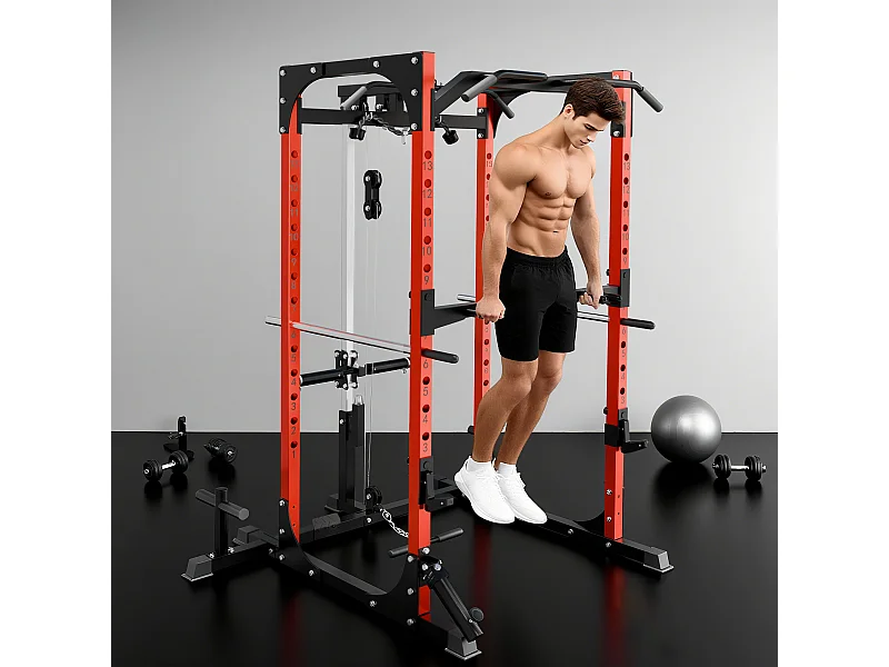 Stazione fitness con supporto per bilanciere e barra nero e rosso