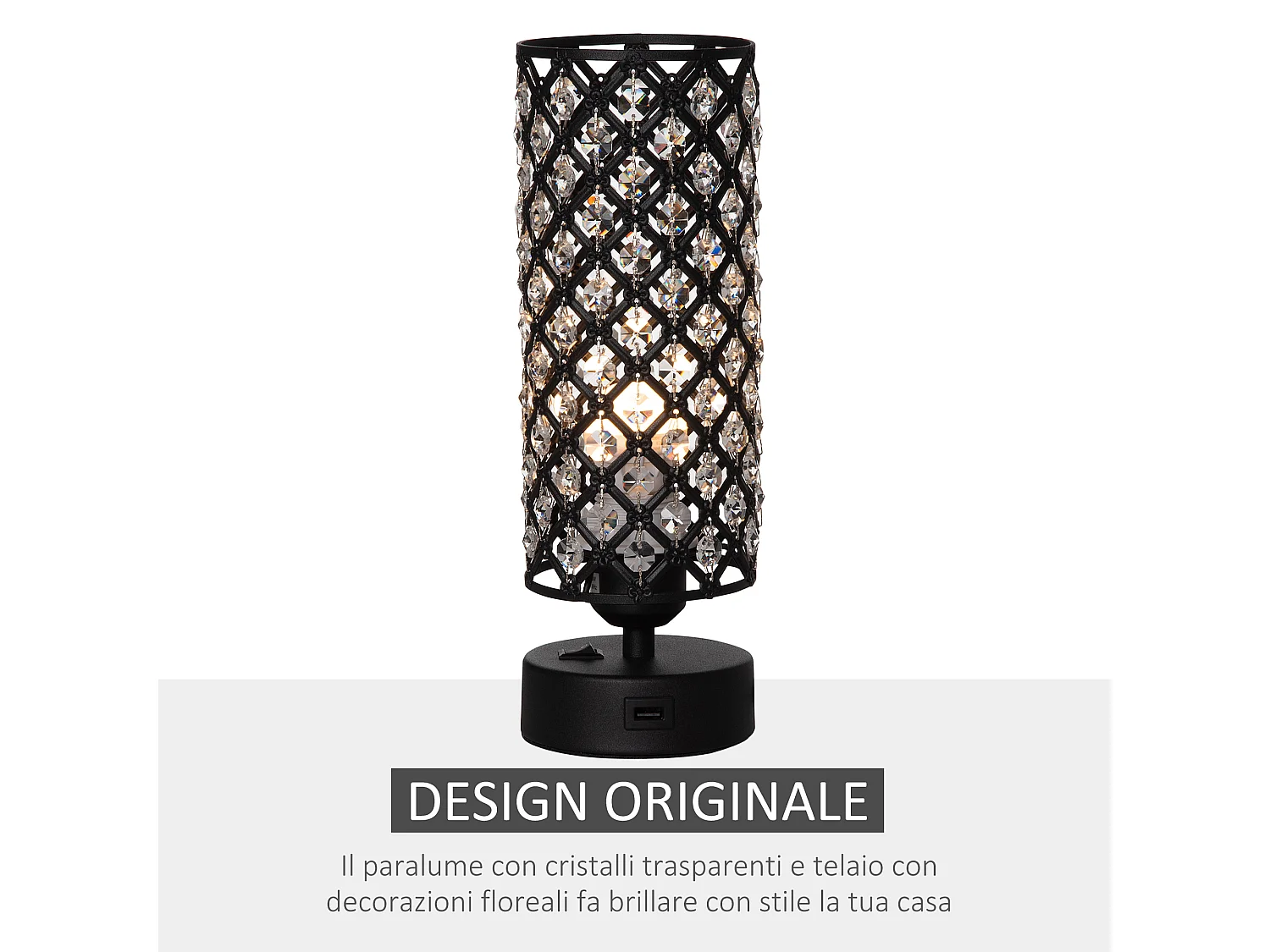 Lampada da tavolo paralume cristallo 2 porte usb luce touch