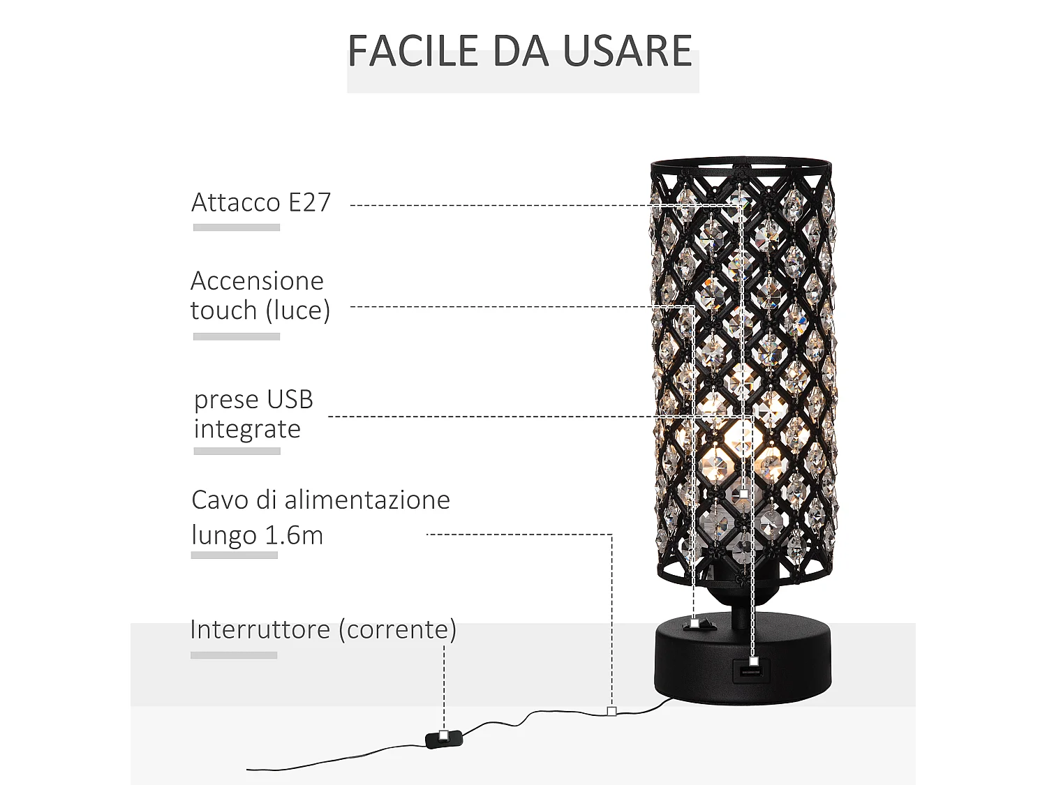 Lampada da tavolo paralume cristallo 2 porte usb luce touch