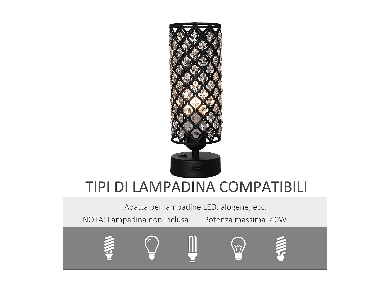 Lampada da tavolo paralume cristallo 2 porte usb luce touch