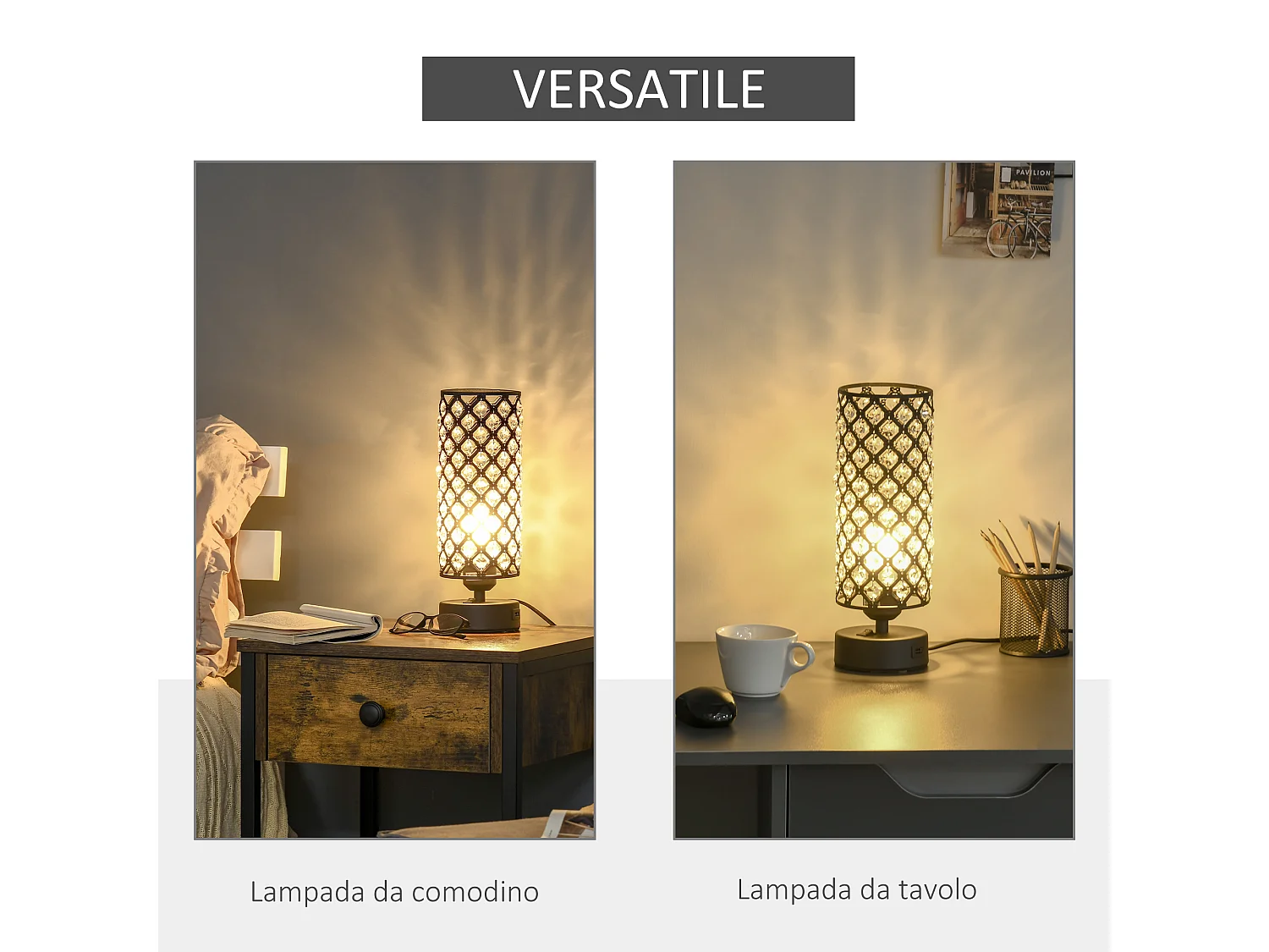 Lampada da tavolo paralume cristallo 2 porte usb luce touch