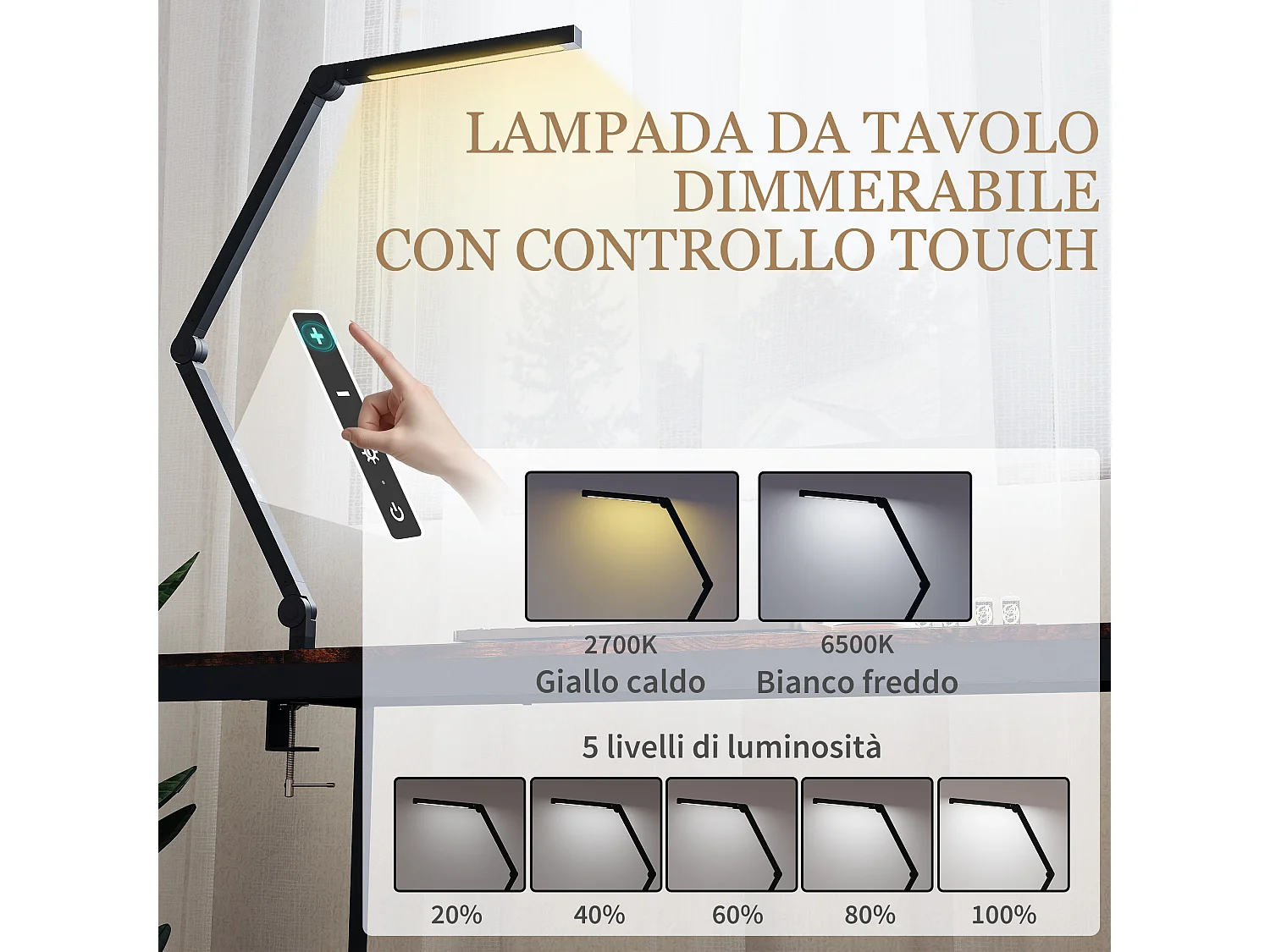 Lampada da scrivania dimmerabile con morsetto e braccio regolabile
