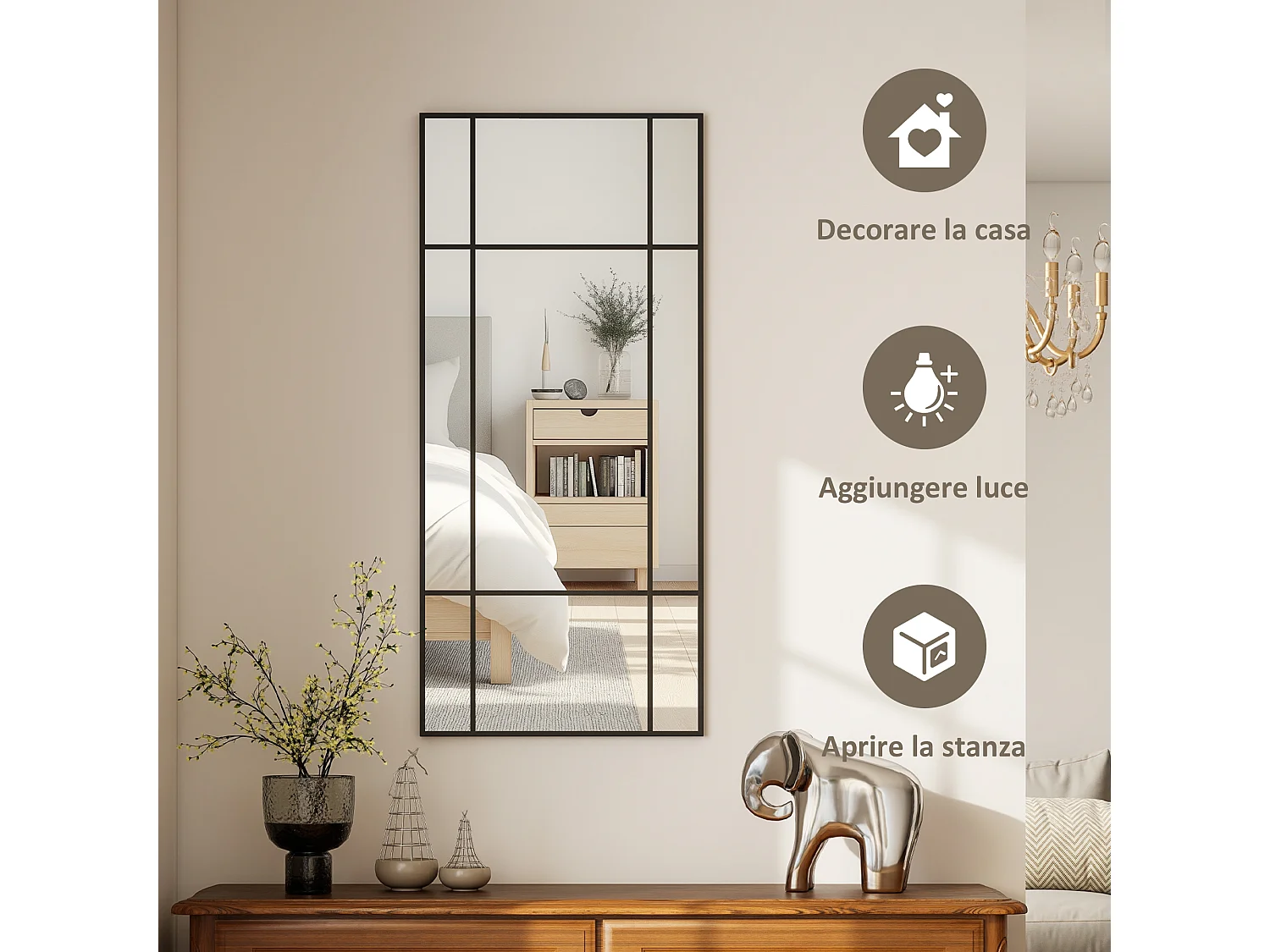 Specchio da parete stile finestra verticale orizzontale 110x50cm nero