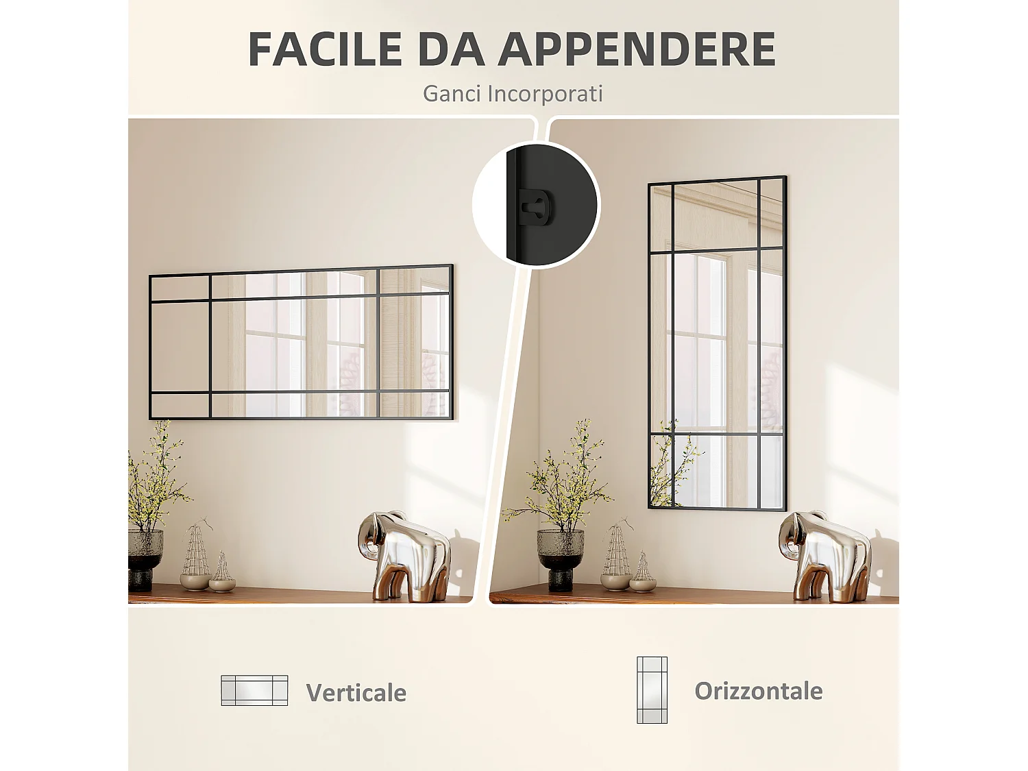 Specchio da parete stile finestra verticale orizzontale 110x50cm nero