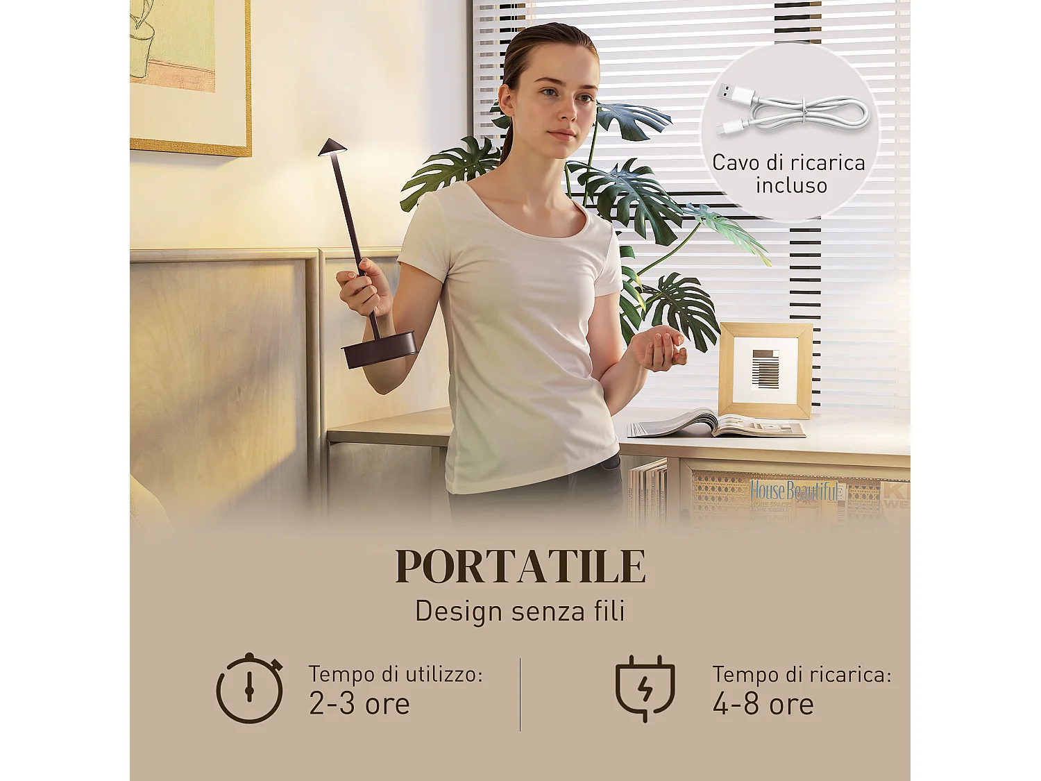 Lampada da tavolo ricaricabile touch e regolabile caffè