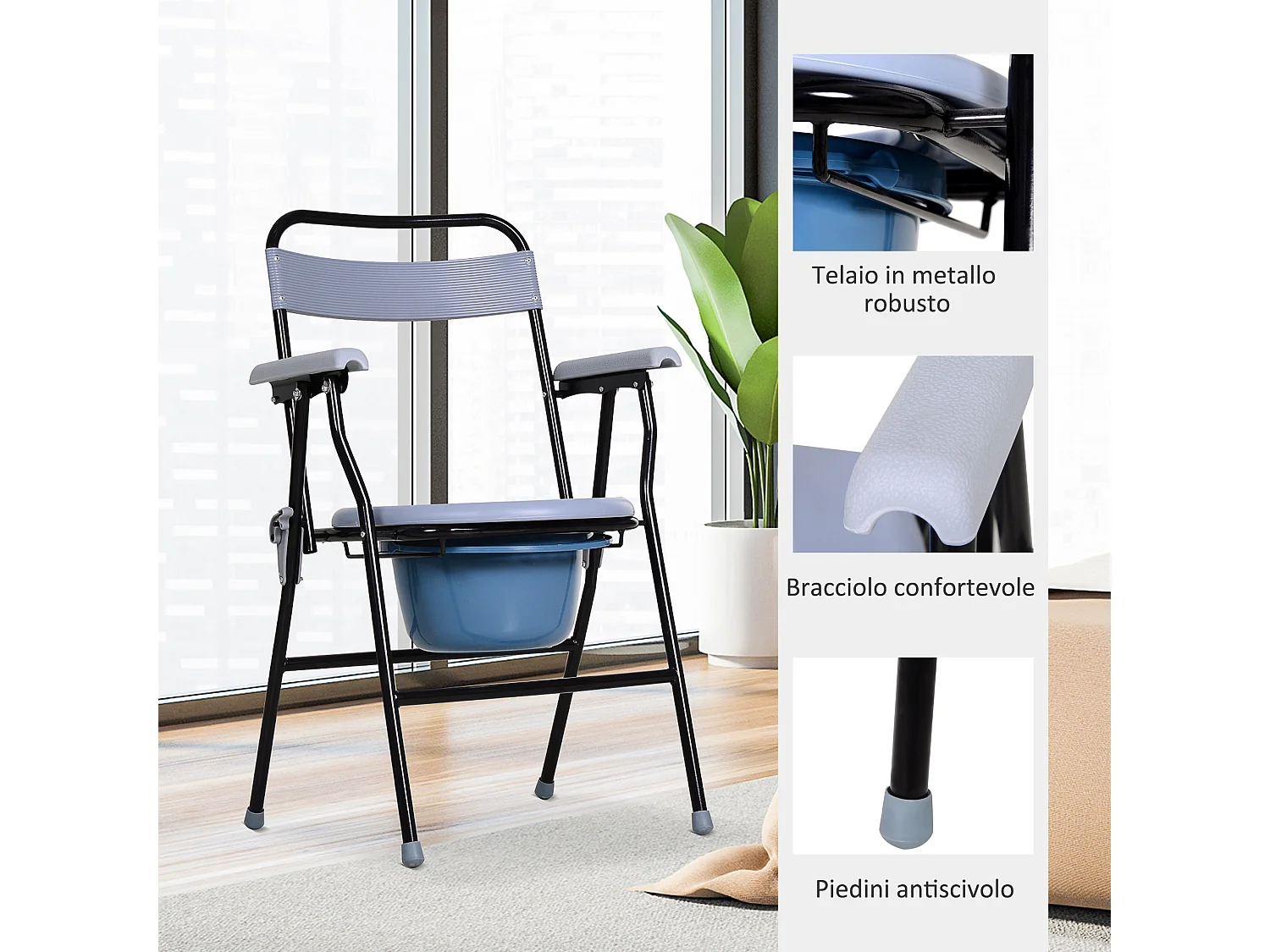 Sedia WC Pieghevole con Vaso Rimovibile per Anziani e Disabili