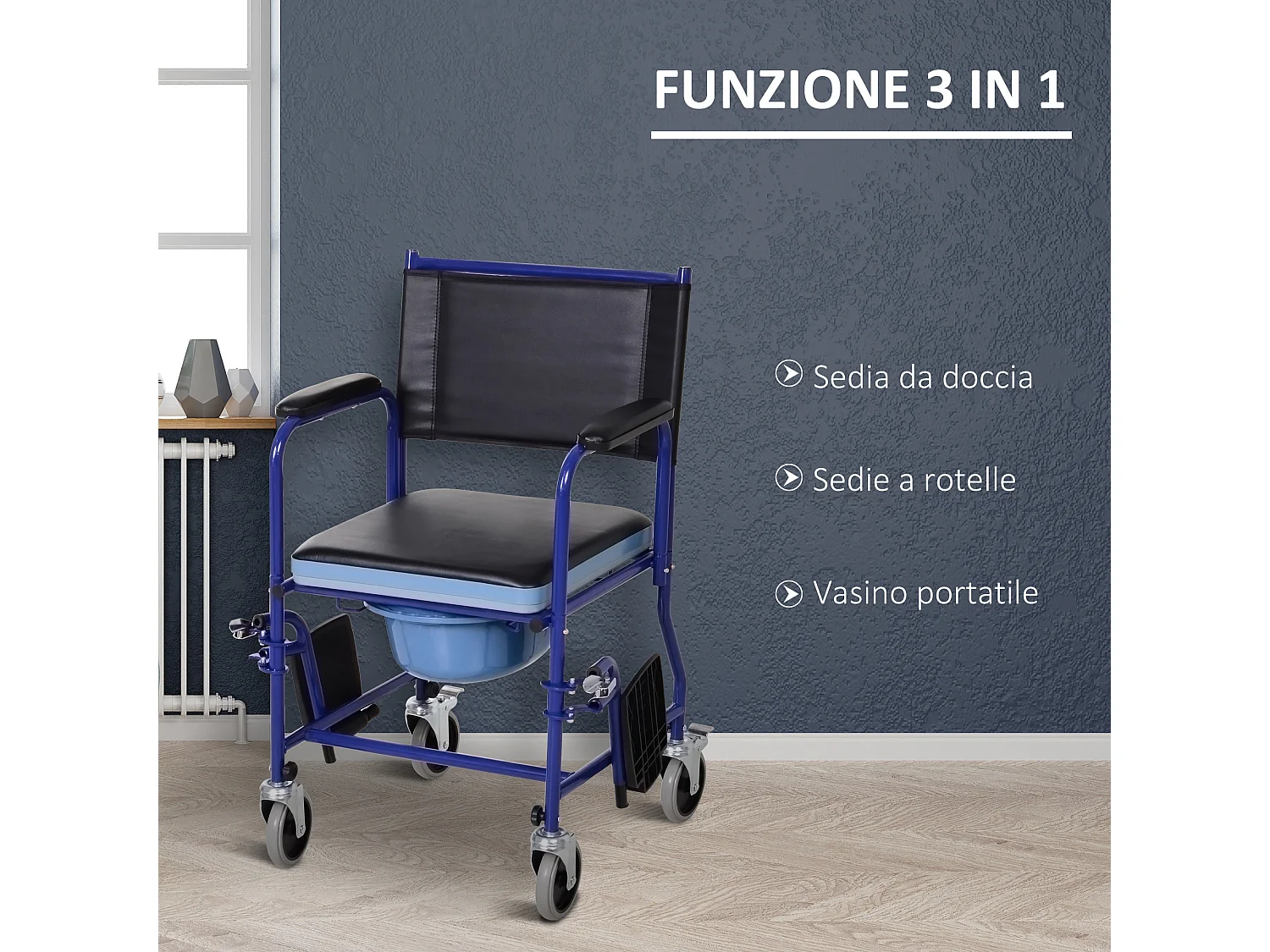 Sedia a Rotelle Bagno con Vaso Rimovibile in Tubi di Ferro e PVC