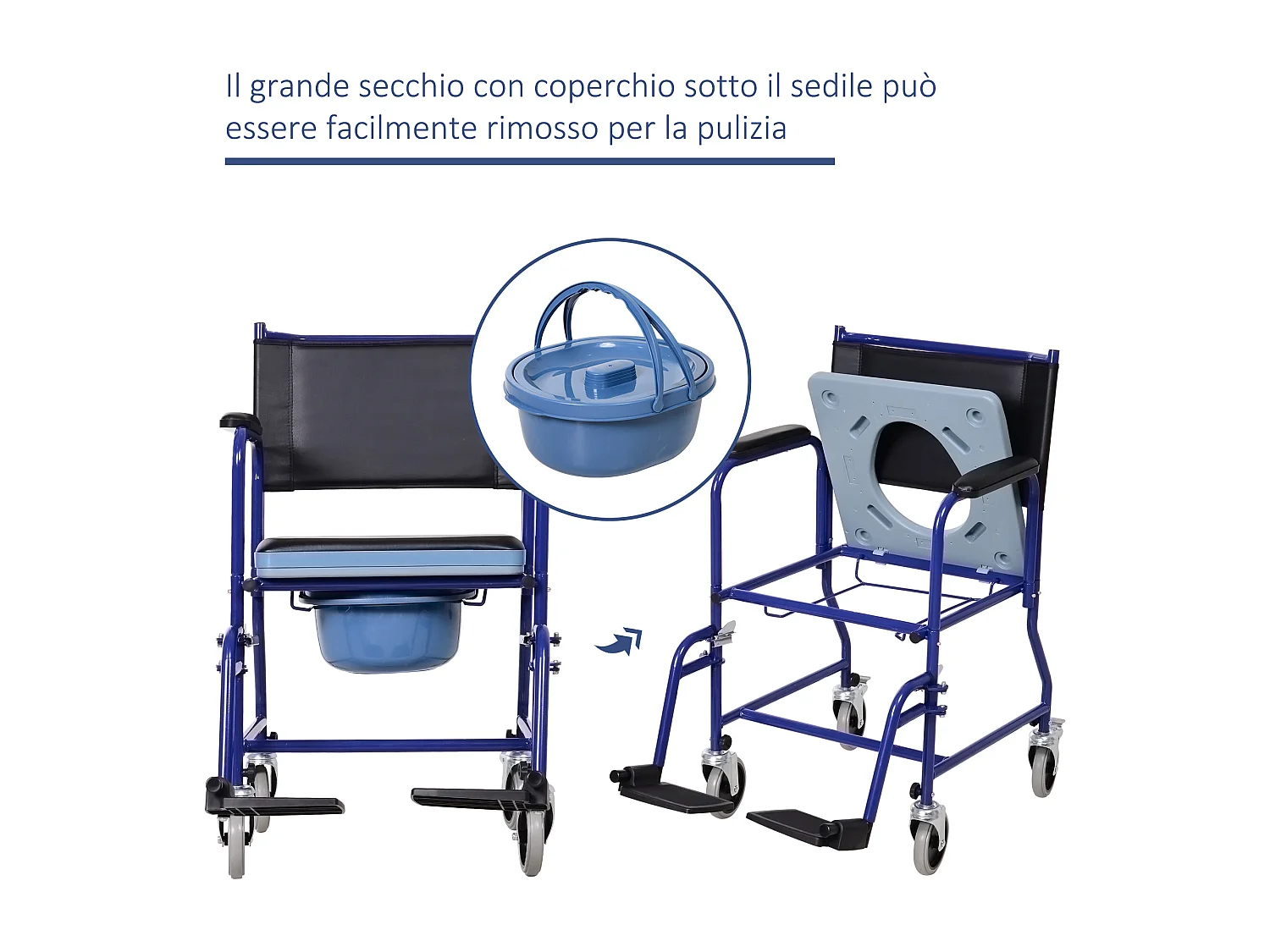 Sedia a Rotelle Bagno con Vaso Rimovibile in Tubi di Ferro e PVC
