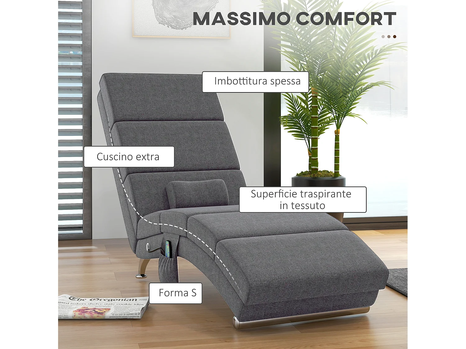 Poltrona massaggiante con riscaldamento e telecomando grigio