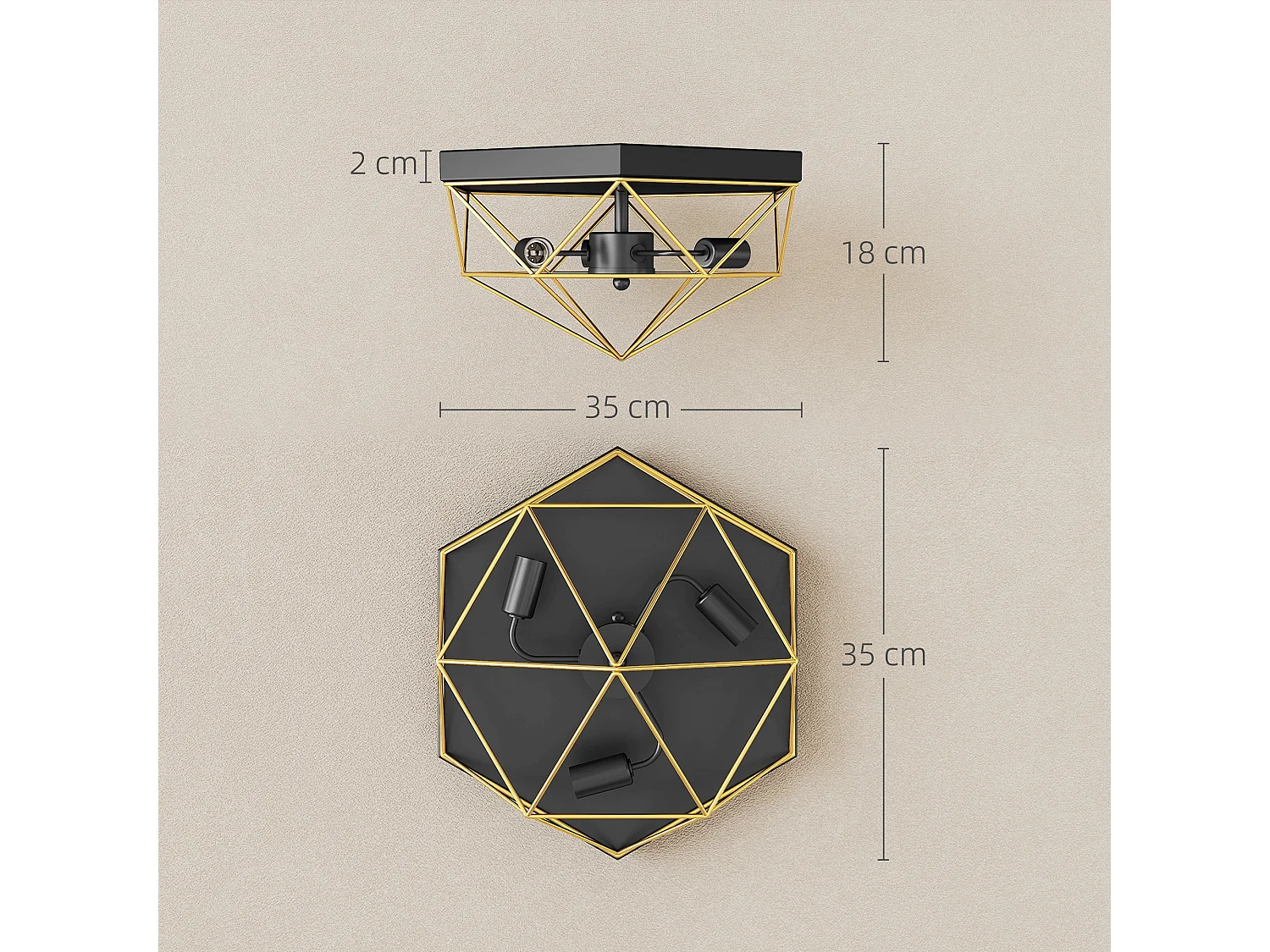 Lampada da soffitto stile industriale con 3 punti luce nero e oro