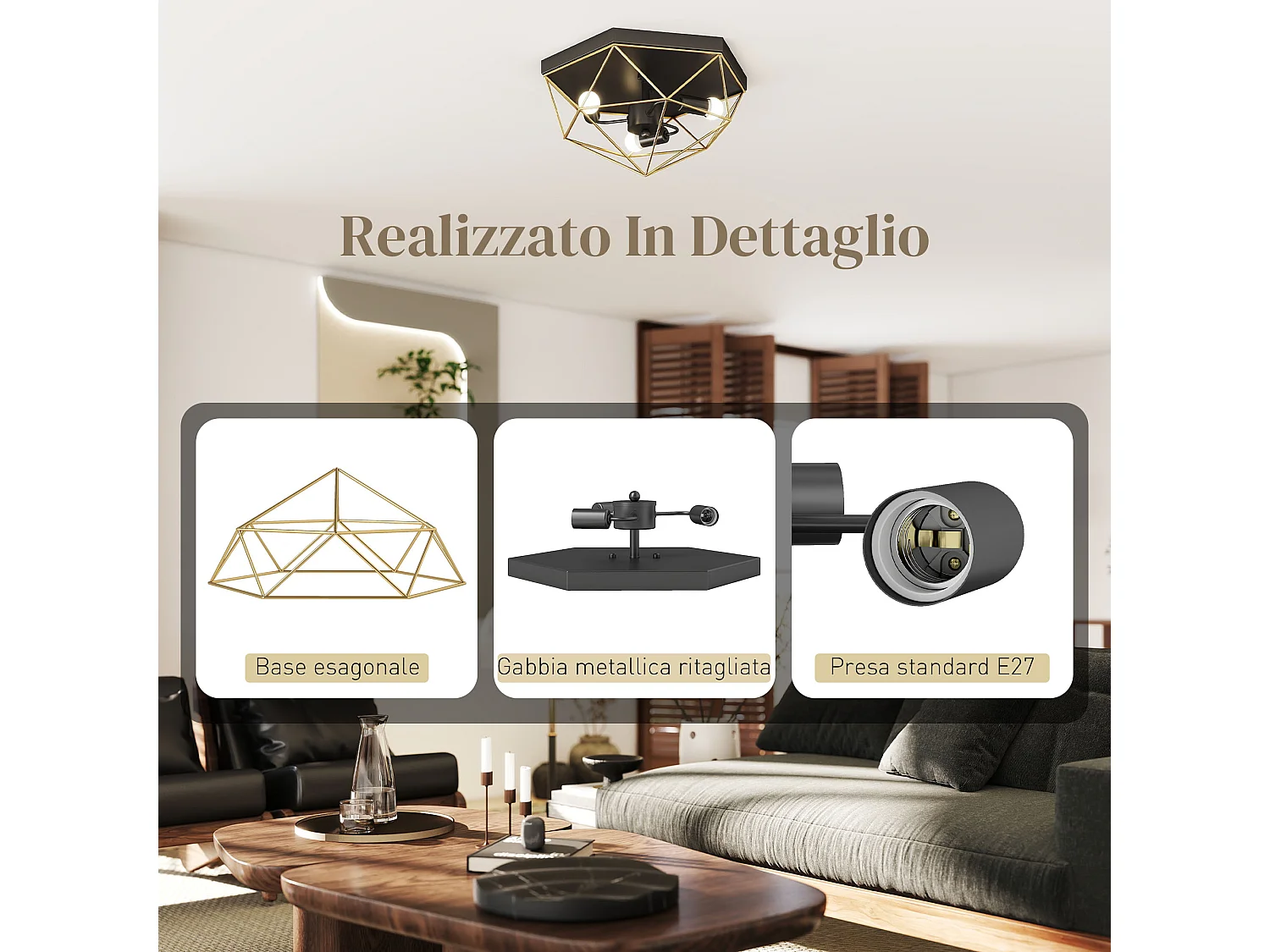Lampada da soffitto stile industriale con 3 punti luce nero e oro