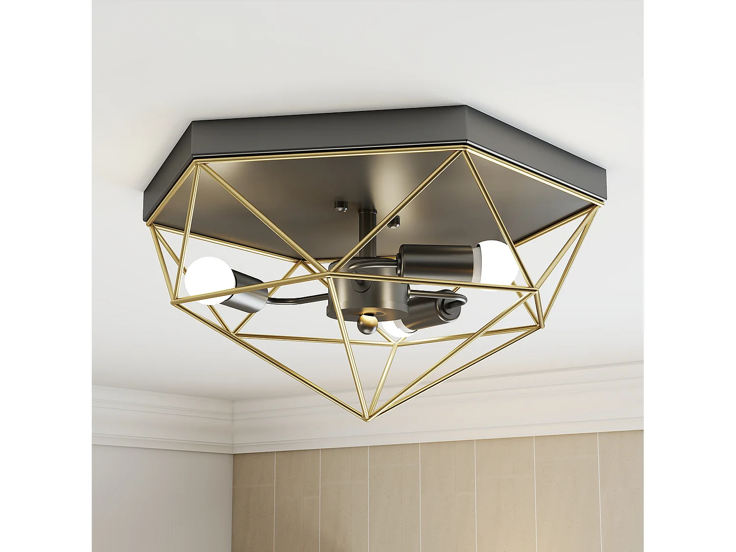 Lampada da soffitto stile industriale con 3 punti luce nero e oro