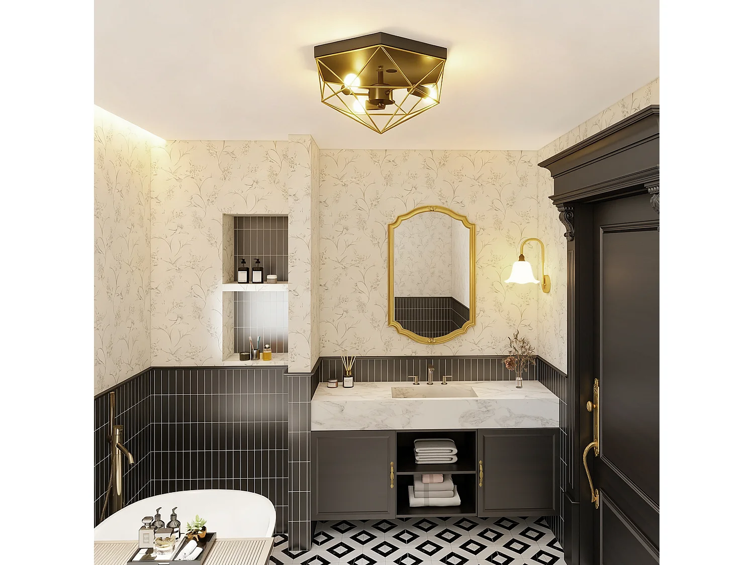 Lampada da soffitto stile industriale con 3 punti luce nero e oro